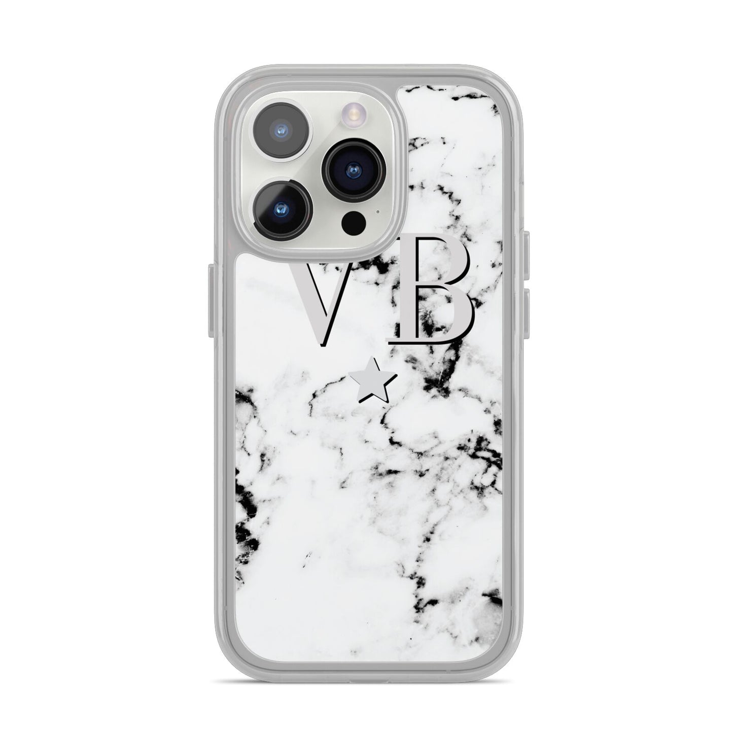 Personalised Star Marble Initialed Grey iPhone 14 Pro Clear Tough Case Silver