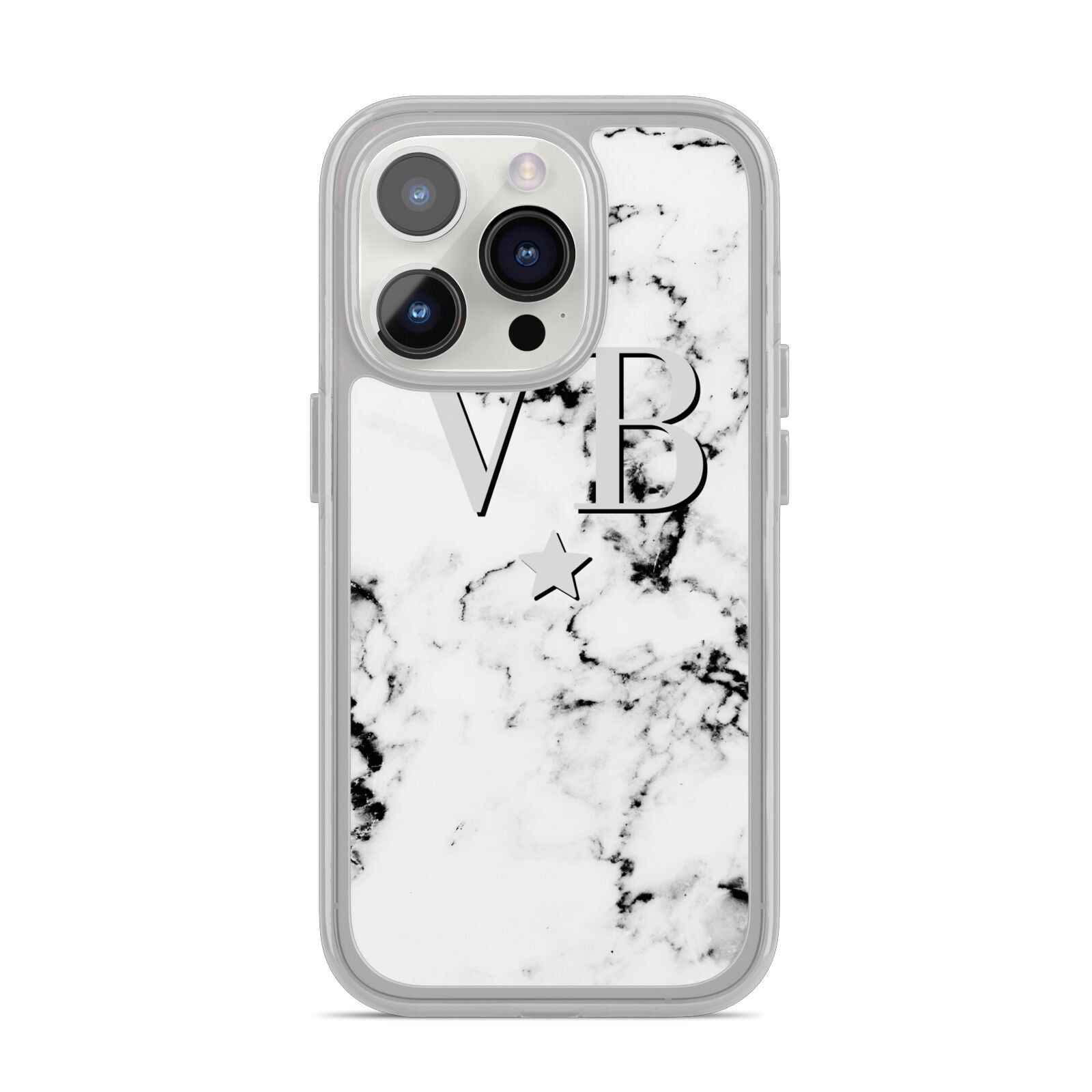 Personalised Star Marble Initialed Grey iPhone 14 Pro Clear Tough Case Silver