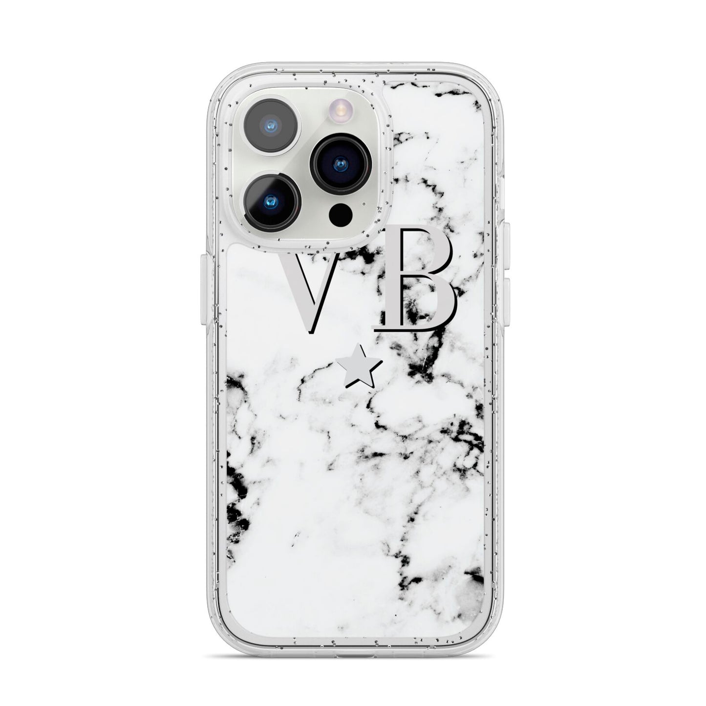 Personalised Star Marble Initialed Grey iPhone 14 Pro Glitter Tough Case Silver