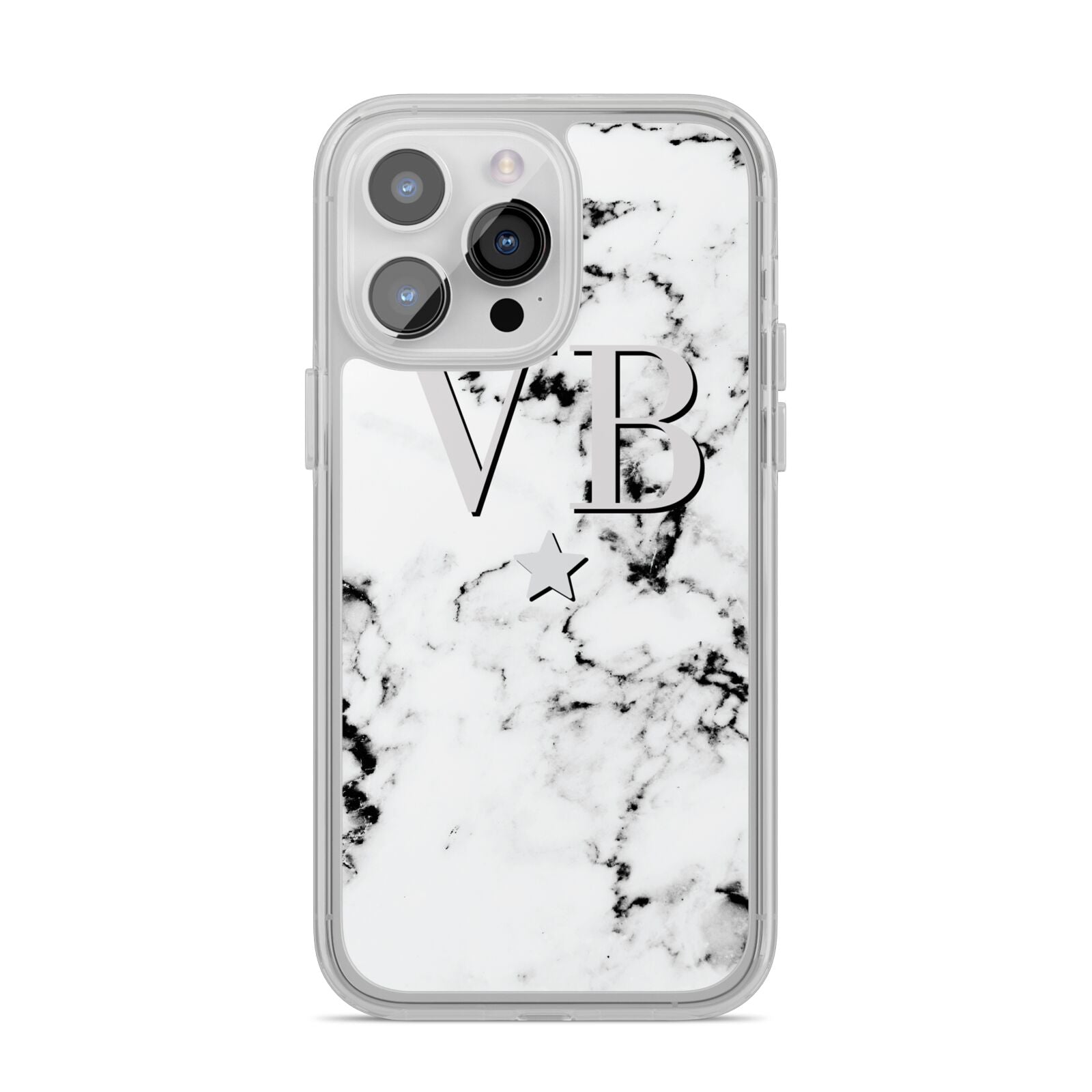 Personalised Star Marble Initialed Grey iPhone 14 Pro Max Clear Tough Case Silver