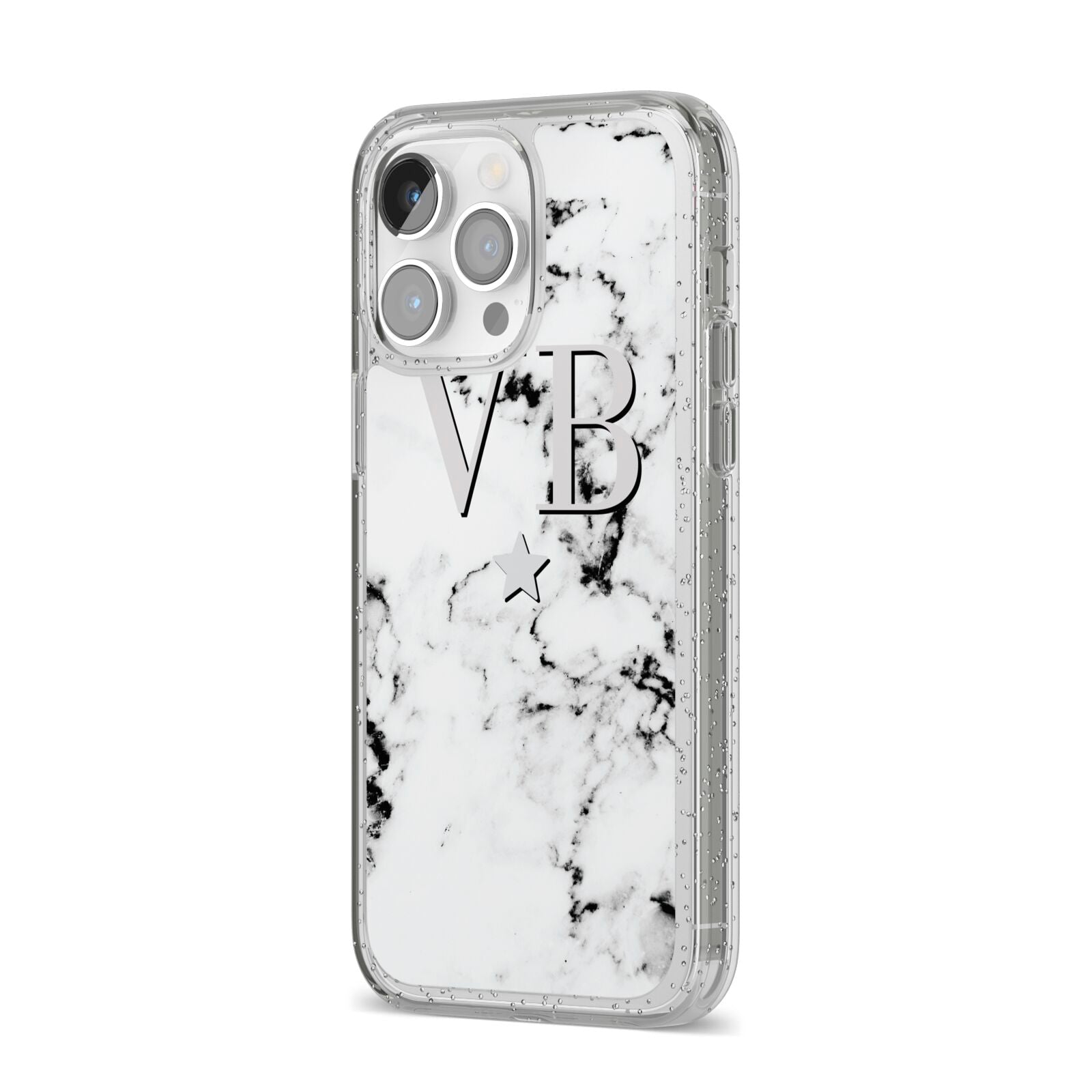 Personalised Star Marble Initialed Grey iPhone 14 Pro Max Glitter Tough Case Silver Angled Image