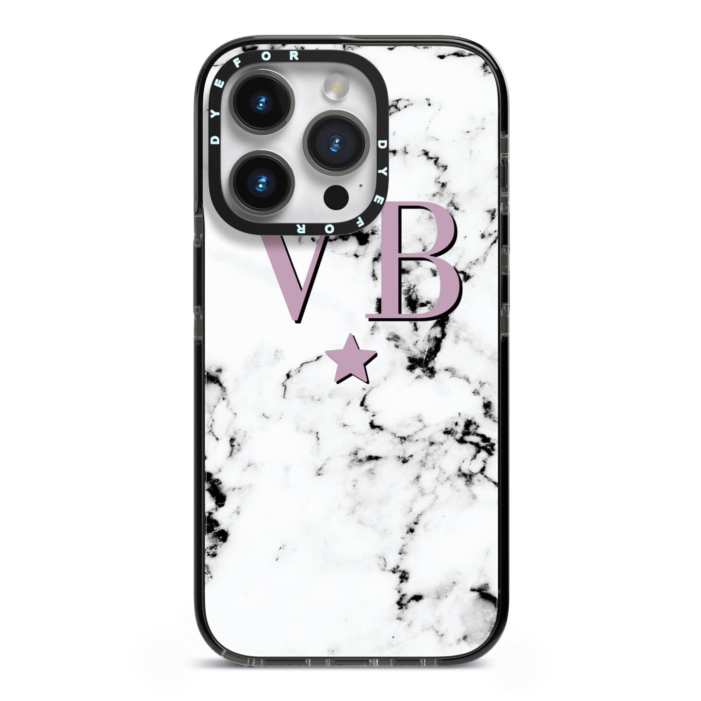 Personalised Star With Monogram Marble iPhone 14 Pro Black Impact Case on Silver phone