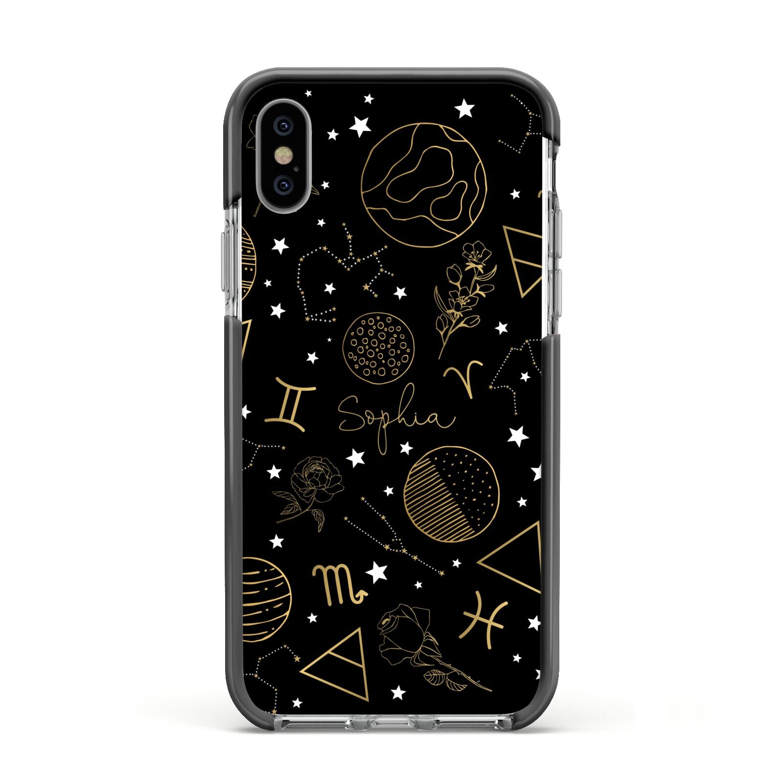 Personalised Stargazer Apple iPhone Xs Impact Case Black Edge on Silver Phone