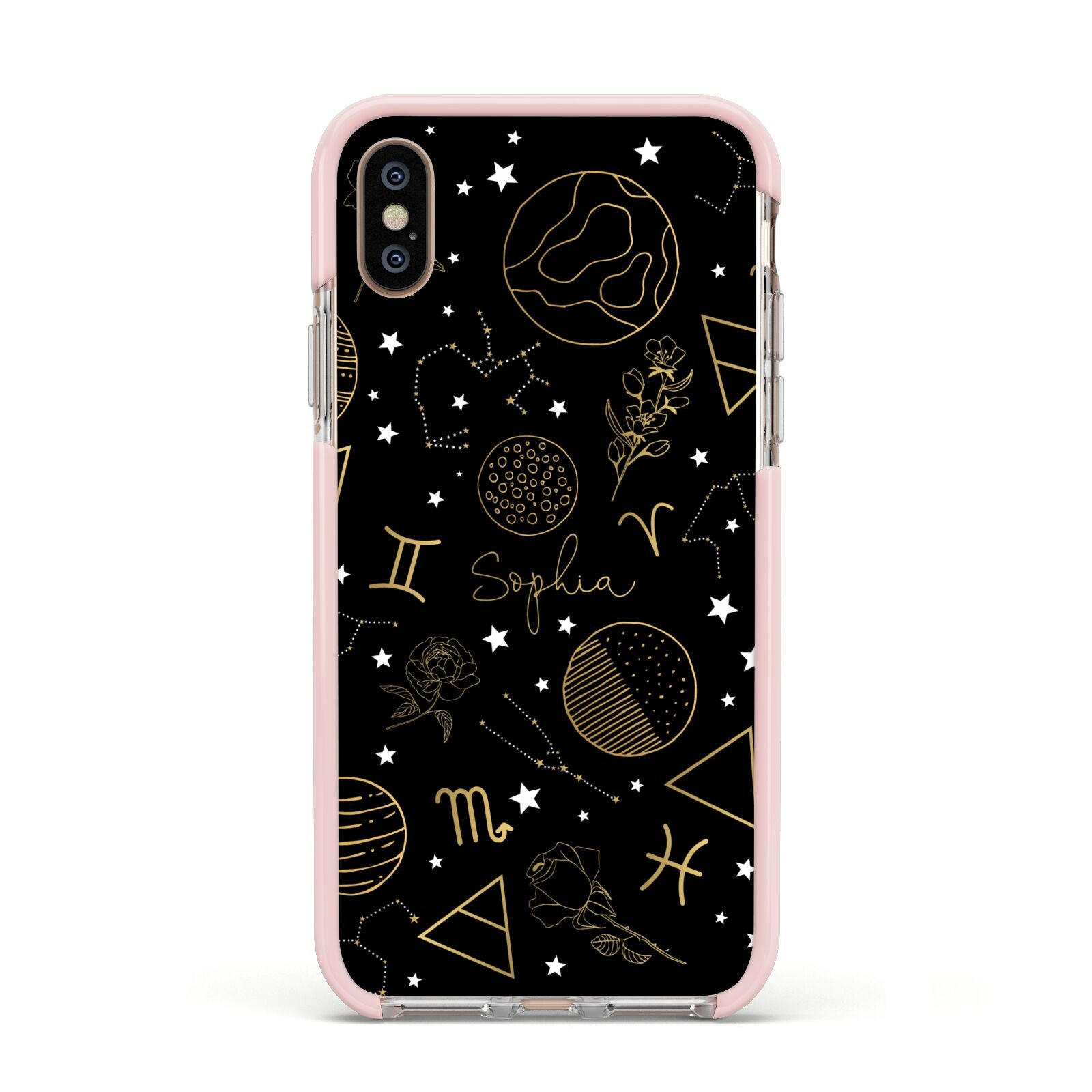 Personalised Stargazer Apple iPhone Xs Impact Case Pink Edge on Gold Phone