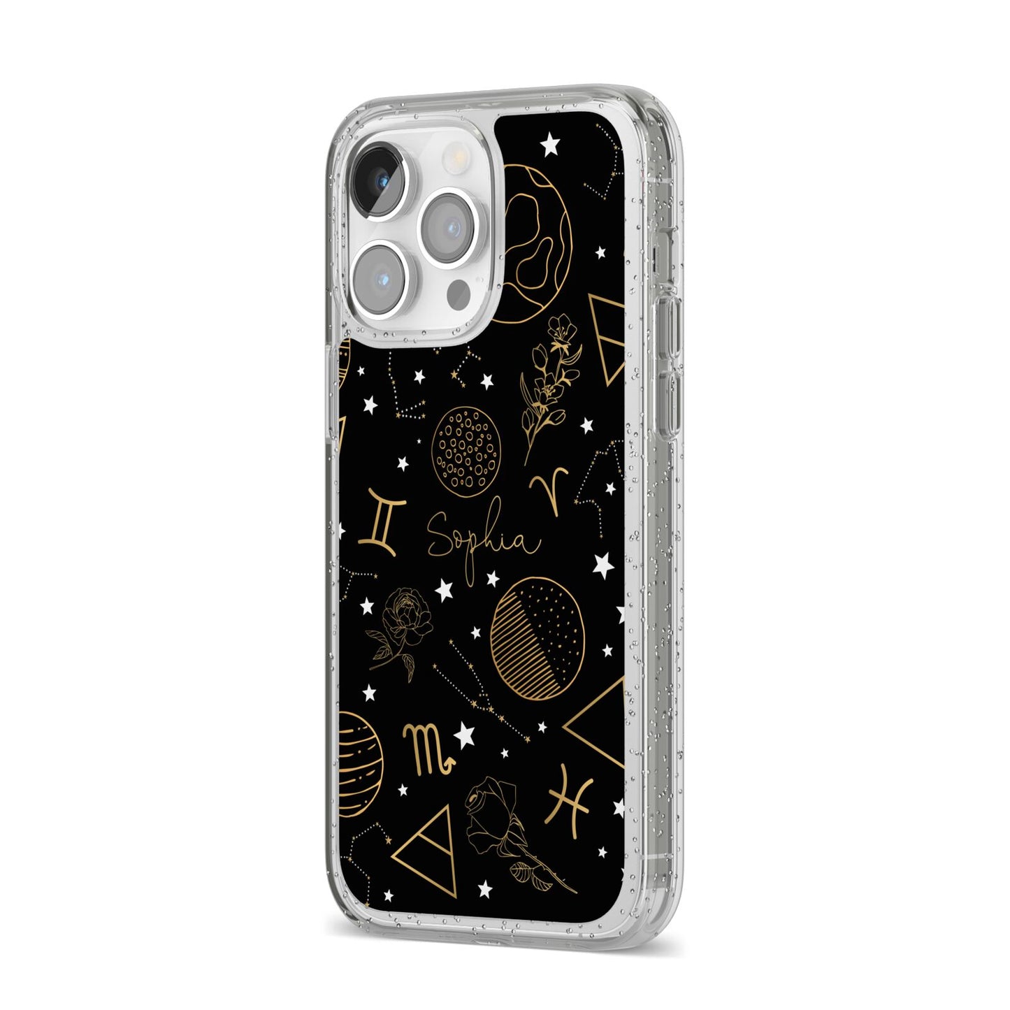 Personalised Stargazer iPhone 14 Pro Max Glitter Tough Case Silver Angled Image