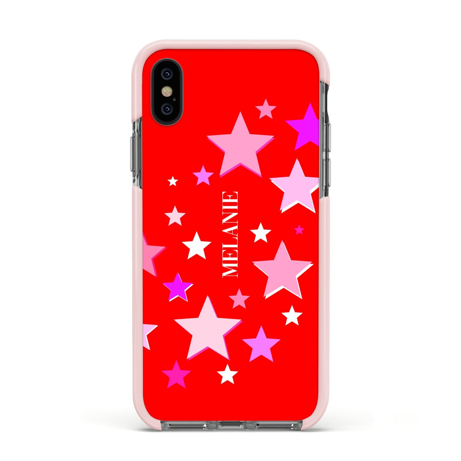 Personalised Stars Apple iPhone Xs Impact Case Pink Edge on Black Phone