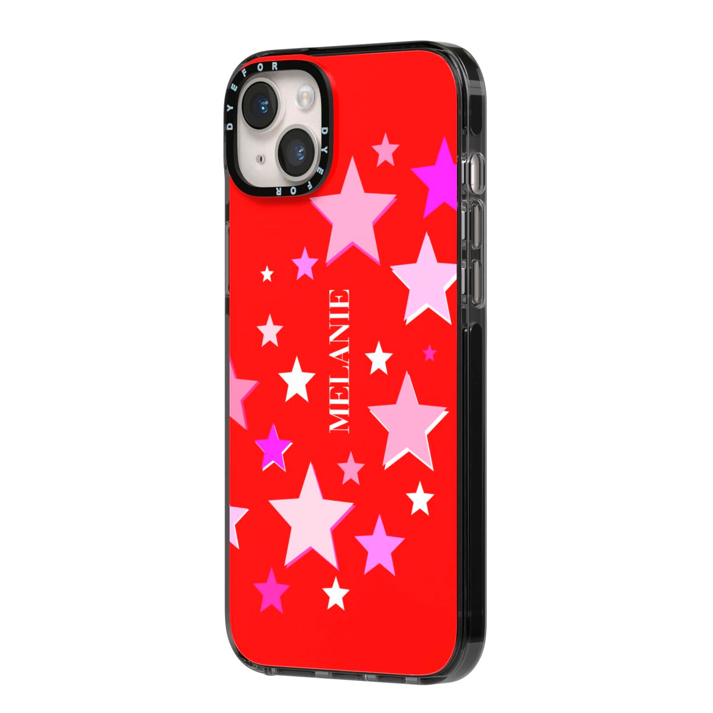 Personalised Stars iPhone 14 Plus Black Impact Case Side Angle on Silver phone