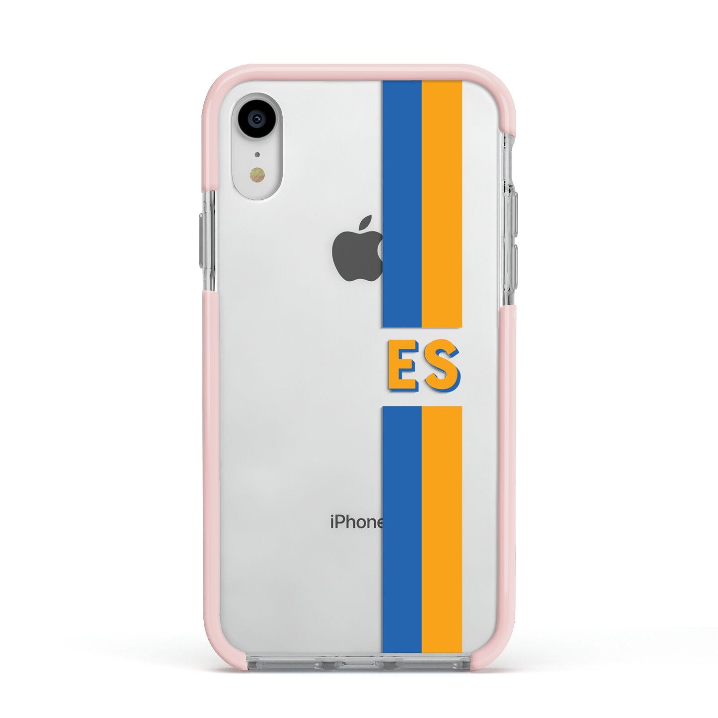 Personalised Striped Apple iPhone XR Impact Case Pink Edge on Silver Phone