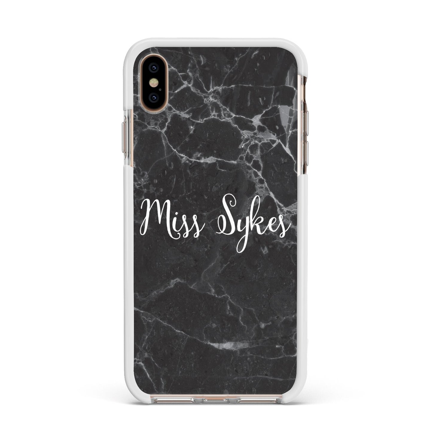 Personalised Surname Marble Apple iPhone Xs Max Impact Case White Edge on Gold Phone