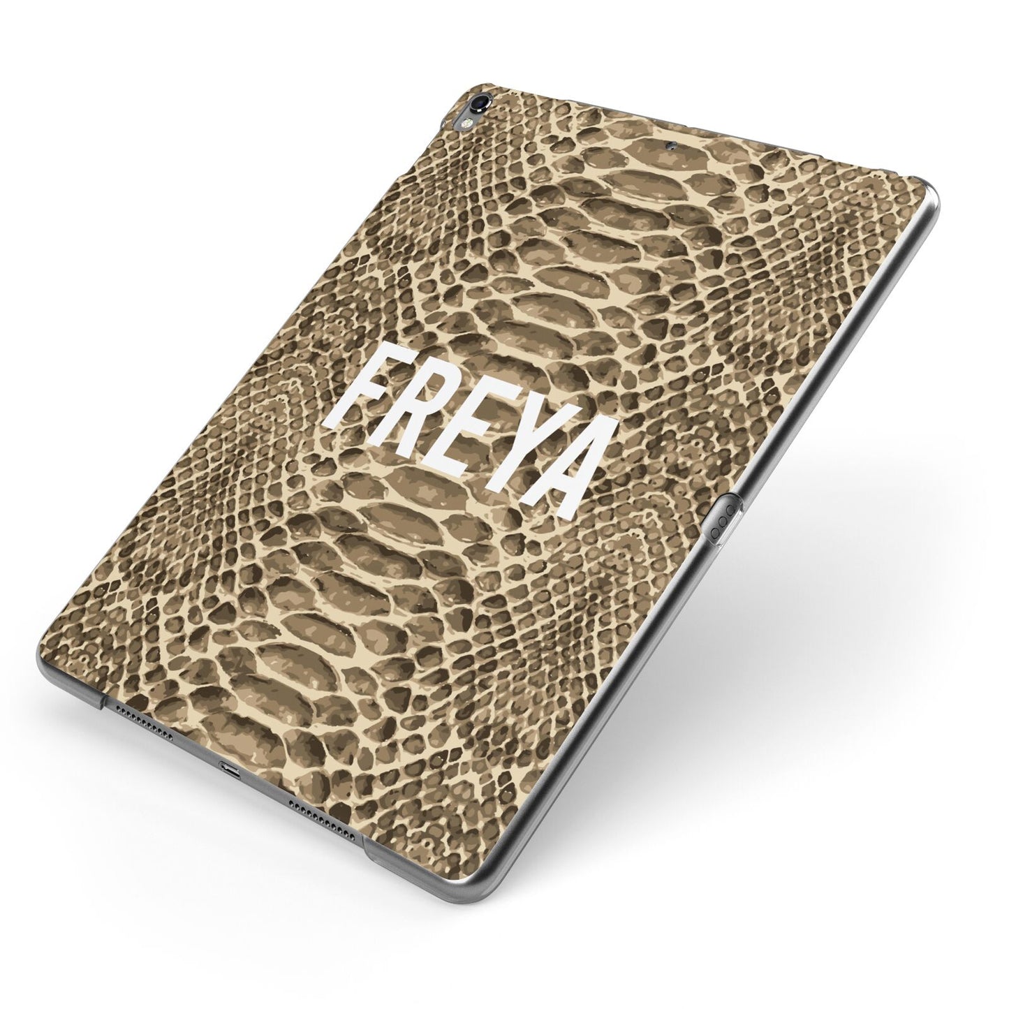 Personalised Tan Snakeskin Apple iPad Case on Grey iPad Side View