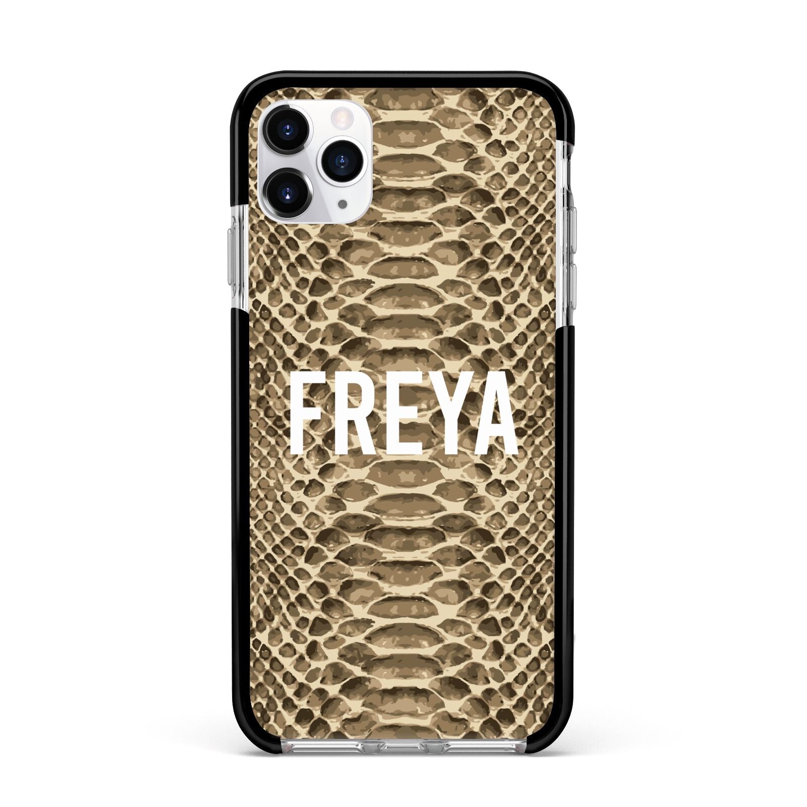 Personalised Tan Snakeskin Apple iPhone 11 Pro Max in Silver with Black Impact Case