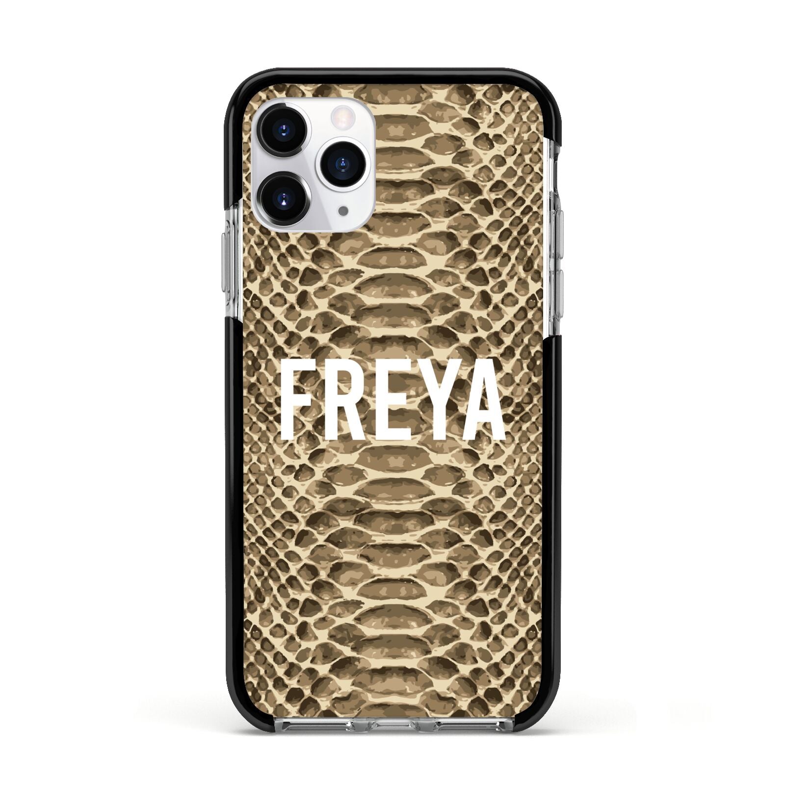 Personalised Tan Snakeskin Apple iPhone 11 Pro in Silver with Black Impact Case