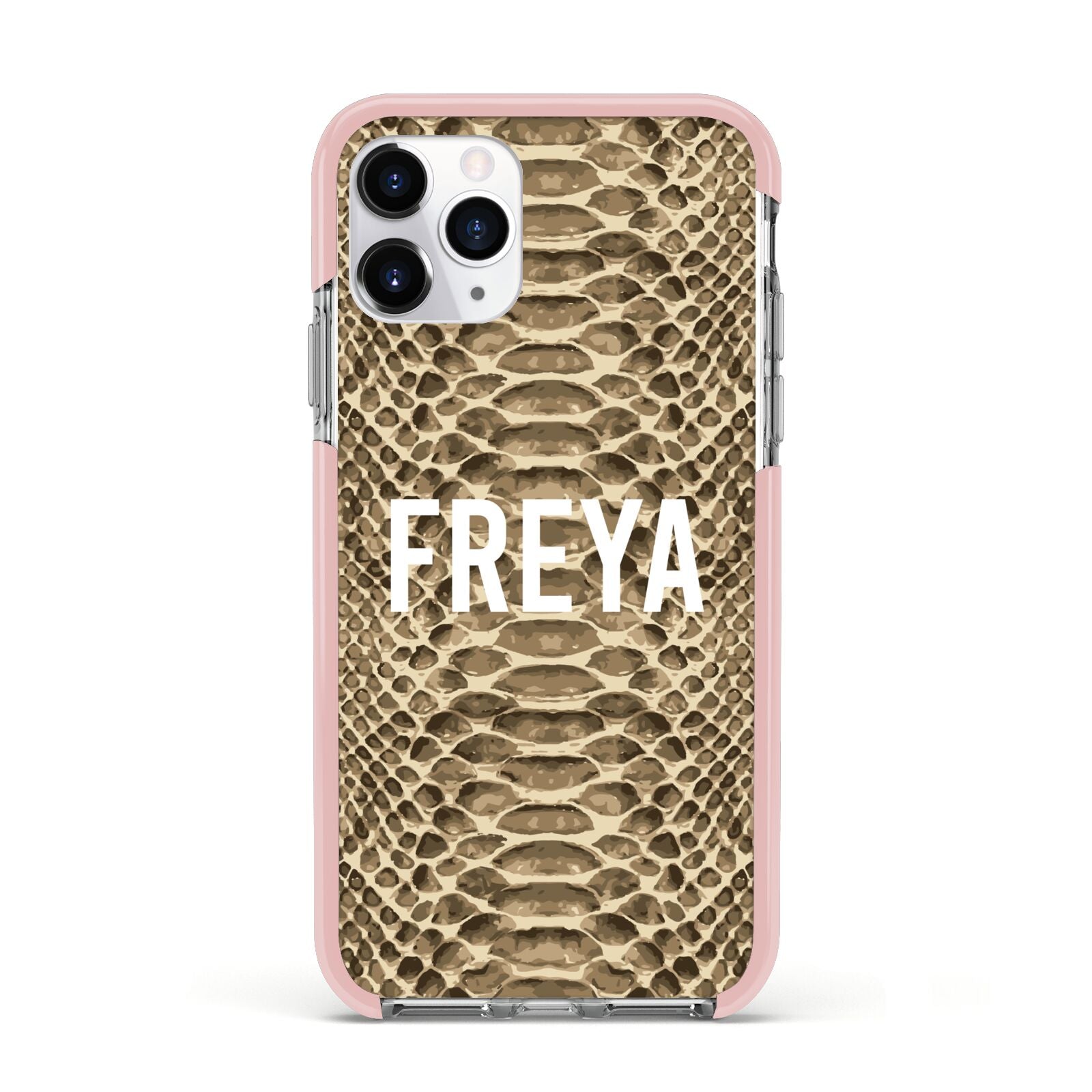 Personalised Tan Snakeskin Apple iPhone 11 Pro in Silver with Pink Impact Case