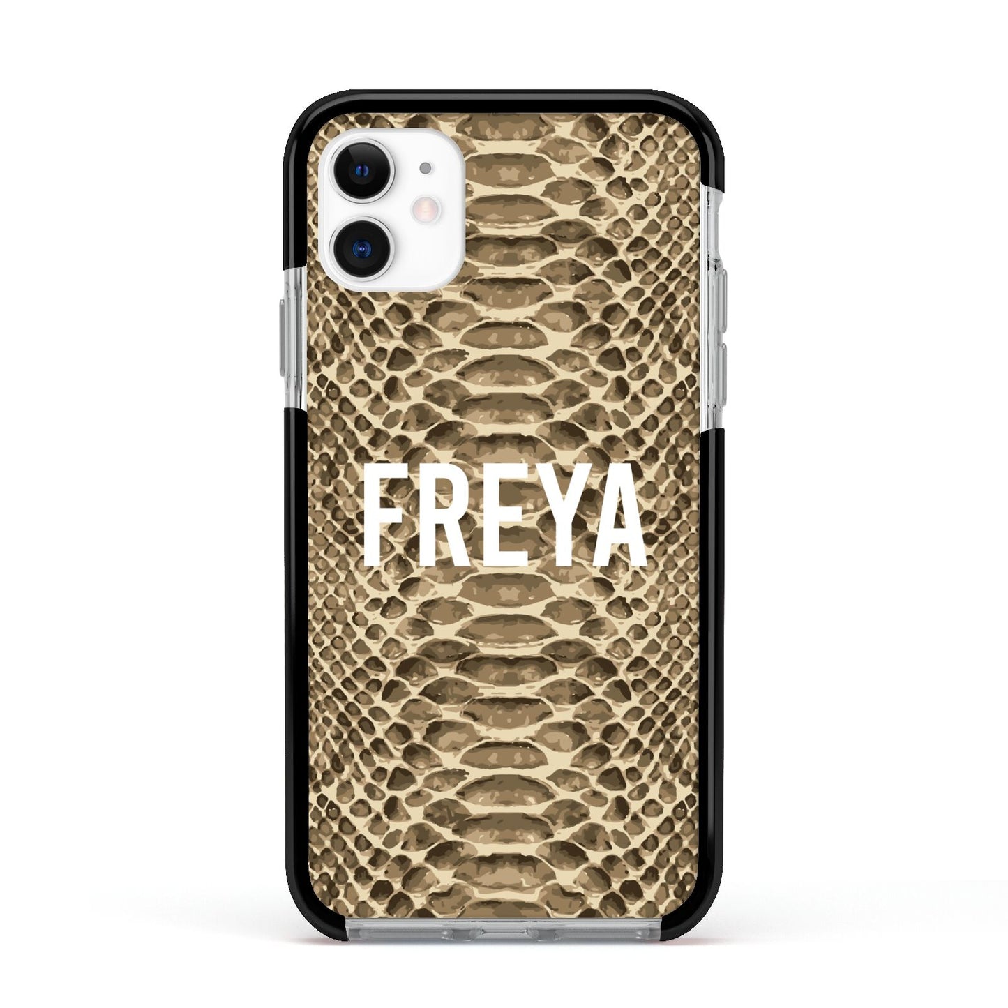 Personalised Tan Snakeskin Apple iPhone 11 in White with Black Impact Case