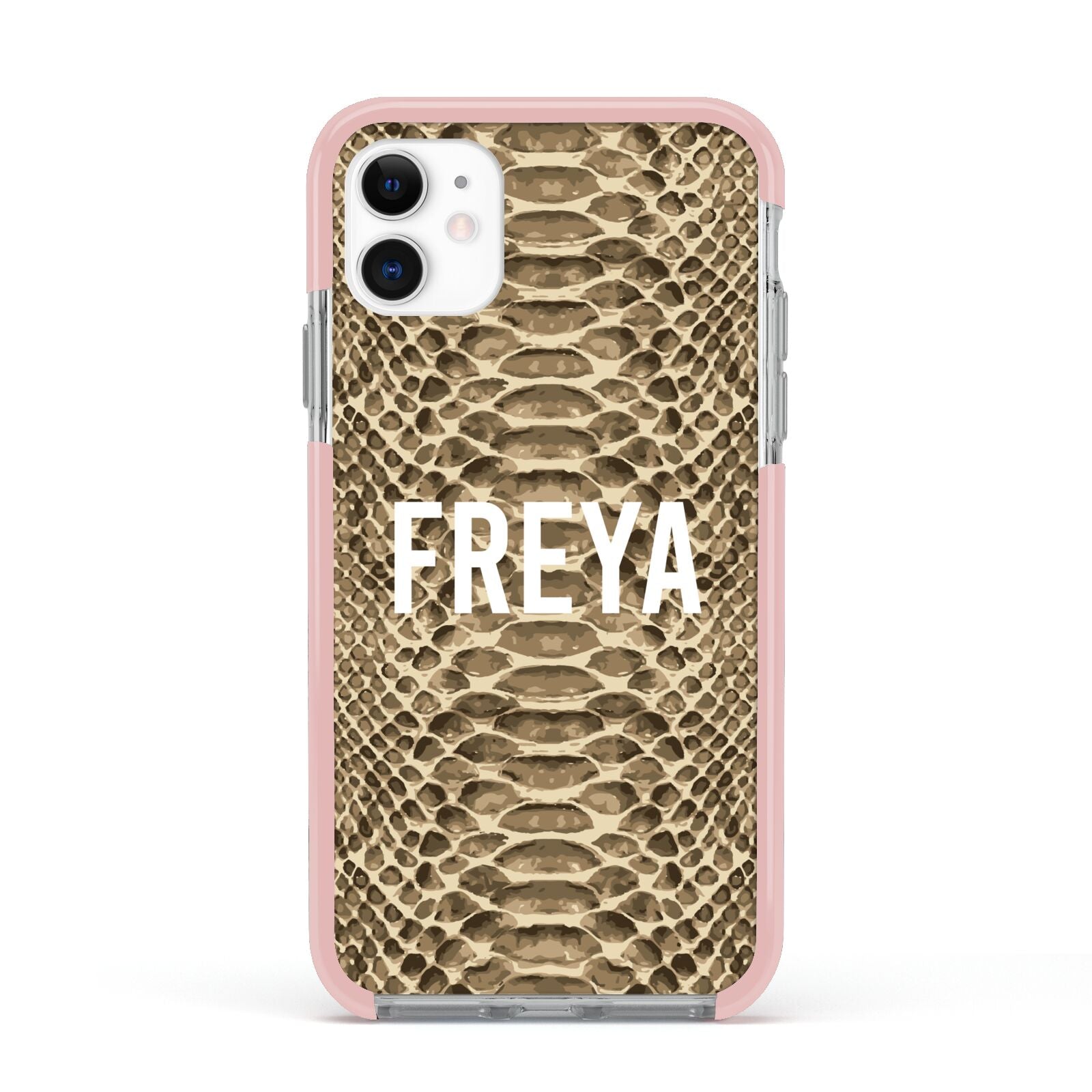 Personalised Tan Snakeskin Apple iPhone 11 in White with Pink Impact Case