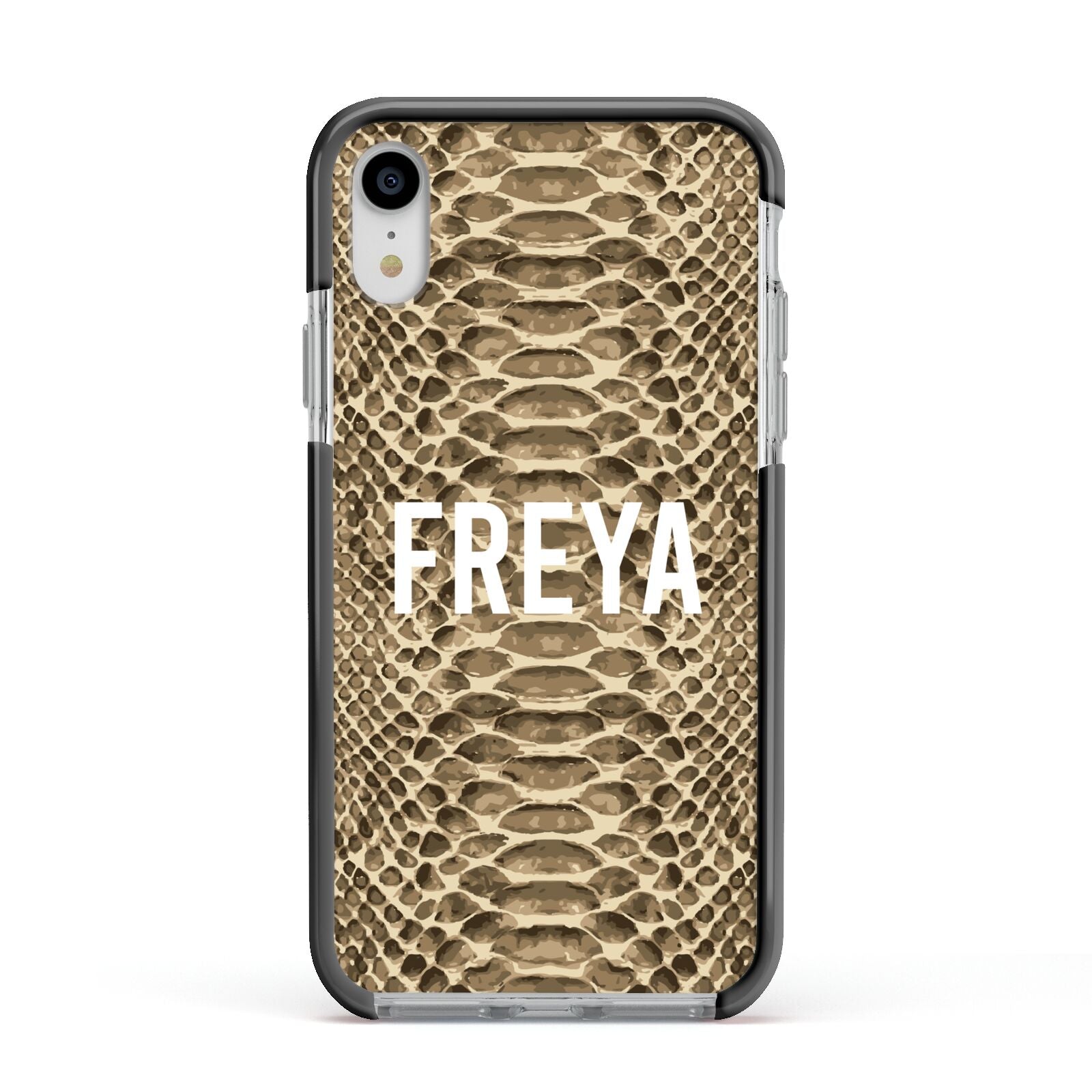 Personalised Tan Snakeskin Apple iPhone XR Impact Case Black Edge on Silver Phone