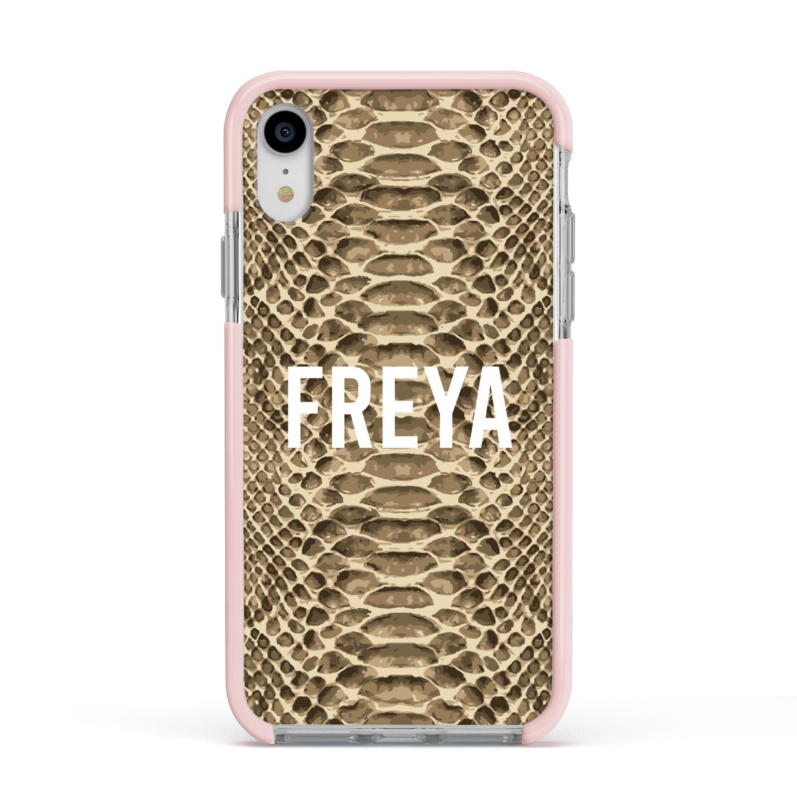 Personalised Tan Snakeskin Apple iPhone XR Impact Case Pink Edge on Silver Phone