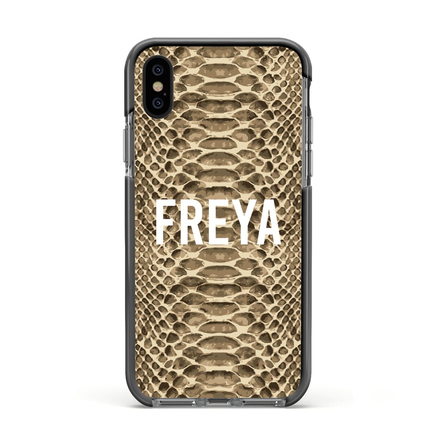 Personalised Tan Snakeskin Apple iPhone Xs Impact Case Black Edge on Black Phone