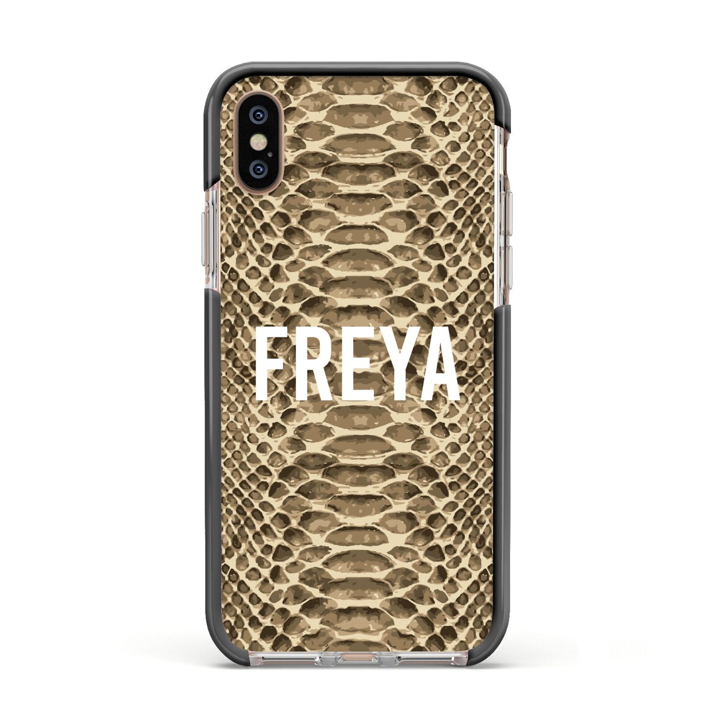 Personalised Tan Snakeskin Apple iPhone Xs Impact Case Black Edge on Gold Phone