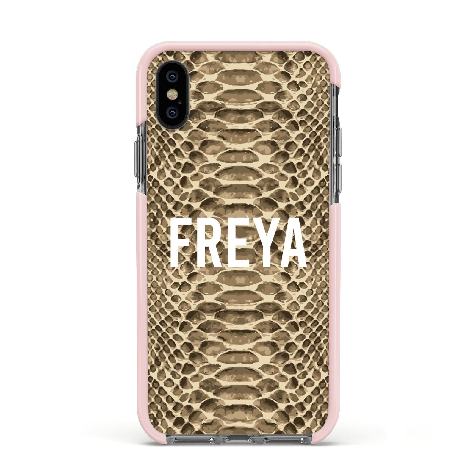 Personalised Tan Snakeskin Apple iPhone Xs Impact Case Pink Edge on Black Phone