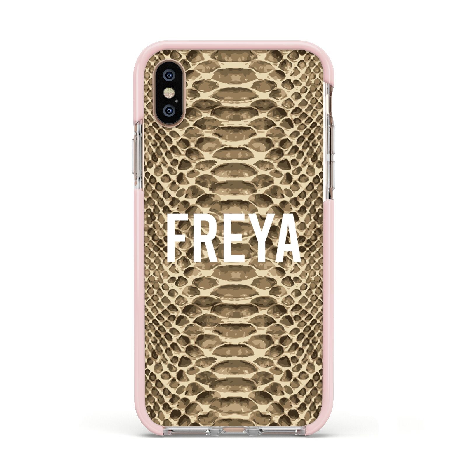 Personalised Tan Snakeskin Apple iPhone Xs Impact Case Pink Edge on Gold Phone