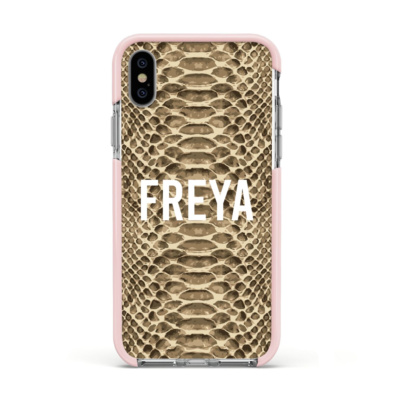 Personalised Tan Snakeskin Apple iPhone Xs Impact Case Pink Edge on Silver Phone