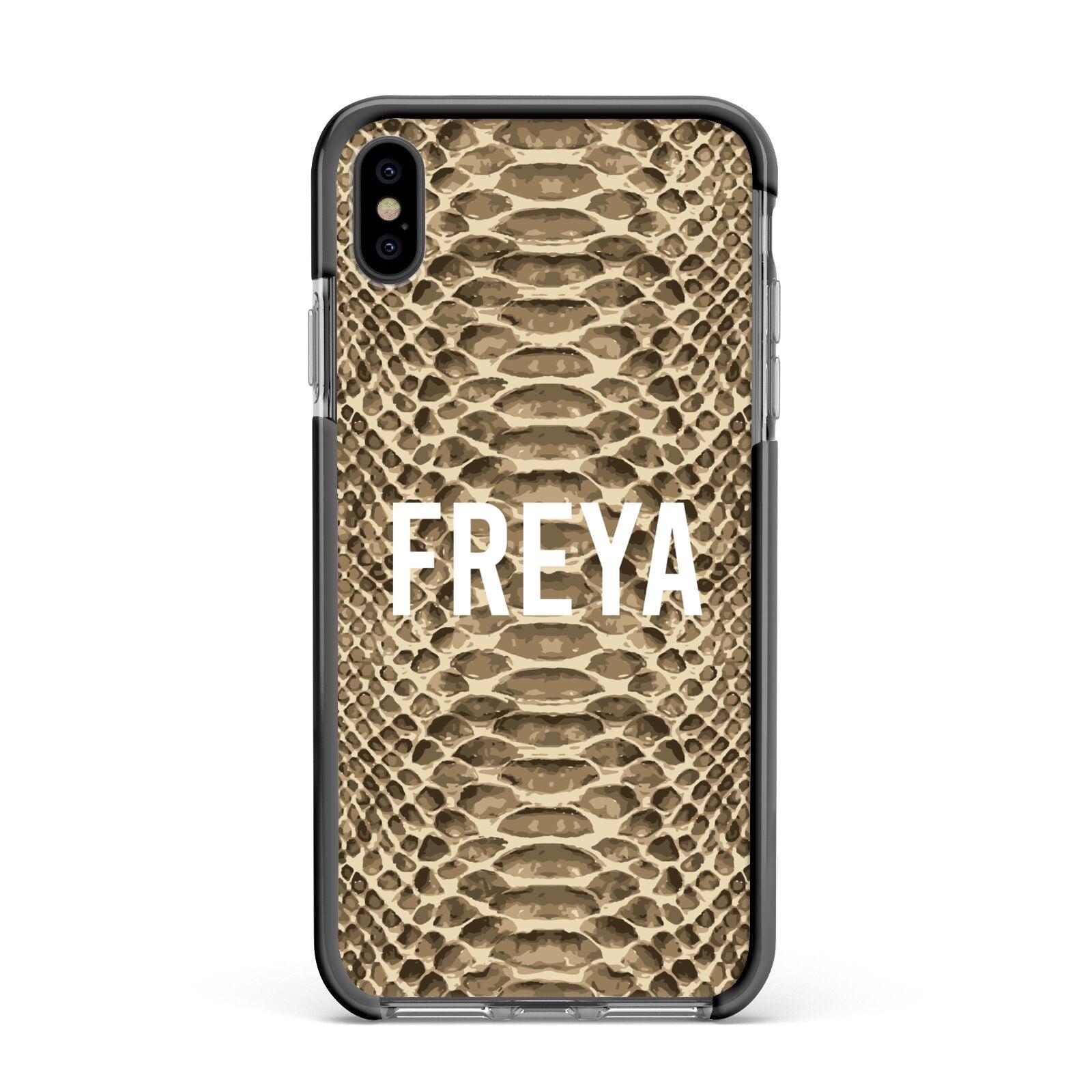 Personalised Tan Snakeskin Apple iPhone Xs Max Impact Case Black Edge on Black Phone