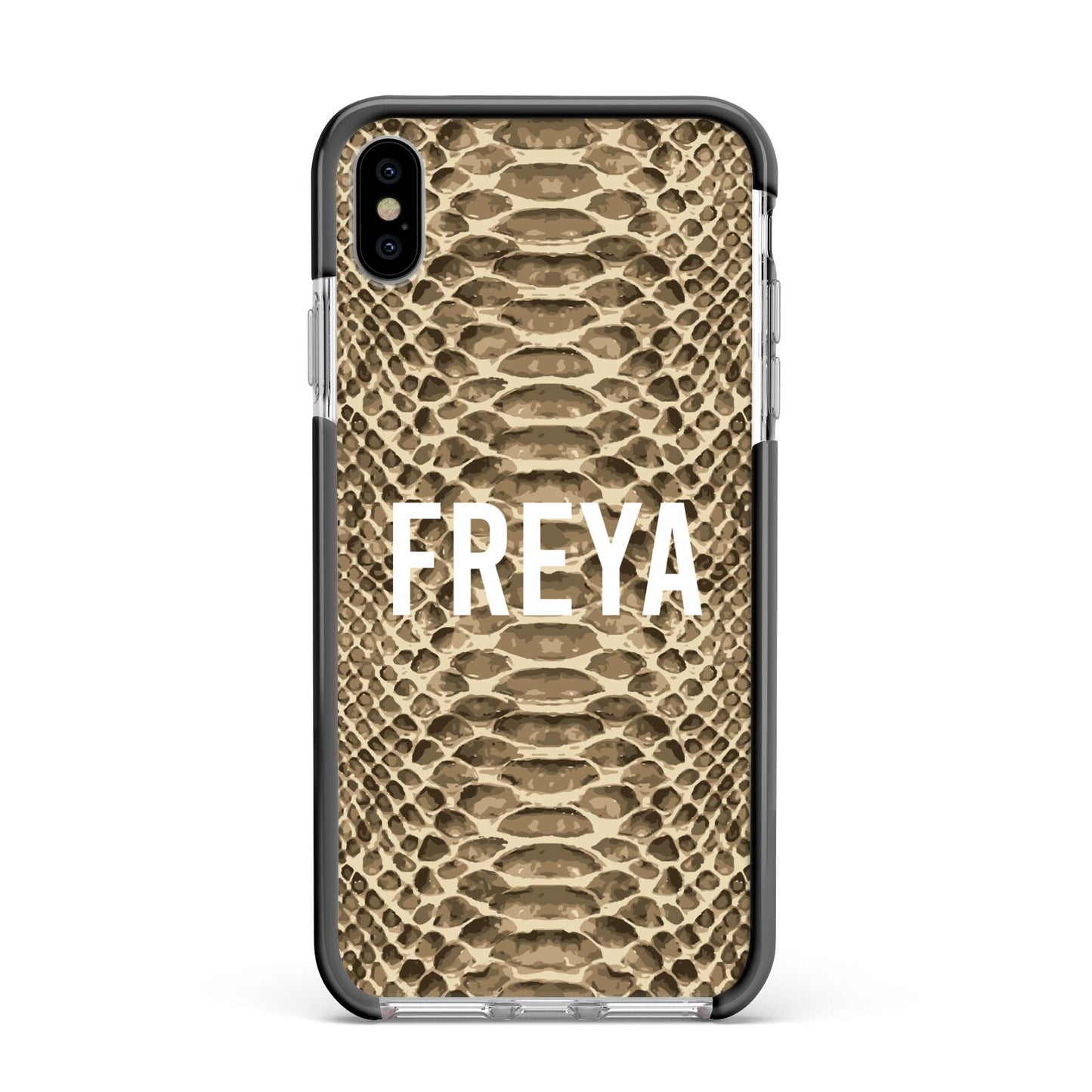 Personalised Tan Snakeskin Apple iPhone Xs Max Impact Case Black Edge on Silver Phone