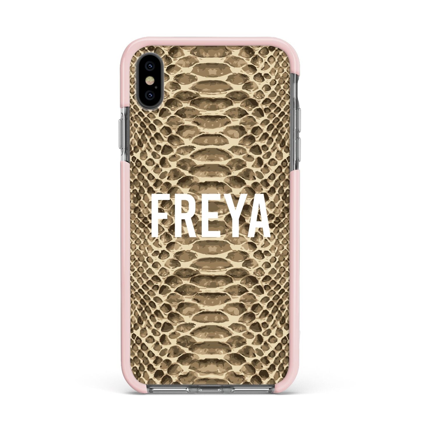 Personalised Tan Snakeskin Apple iPhone Xs Max Impact Case Pink Edge on Black Phone