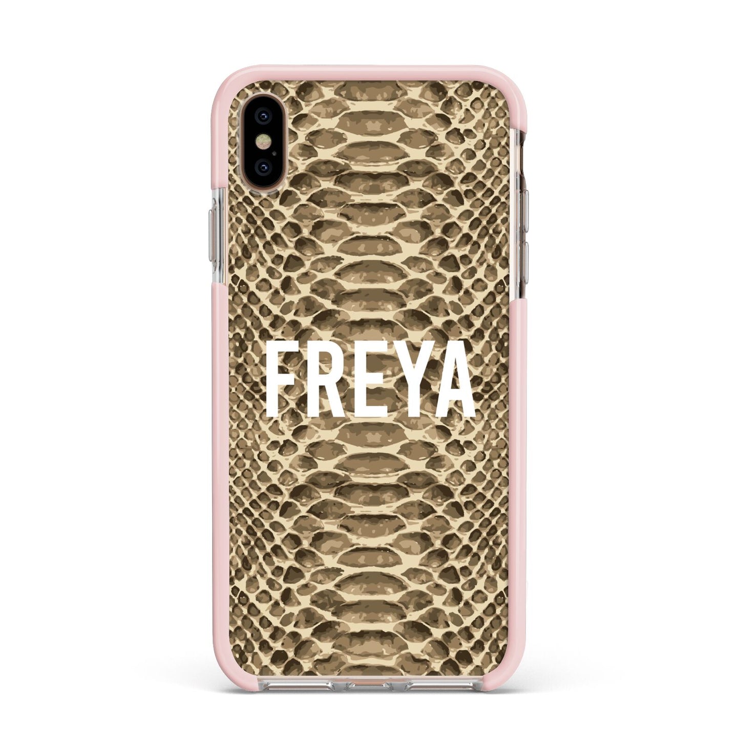 Personalised Tan Snakeskin Apple iPhone Xs Max Impact Case Pink Edge on Gold Phone