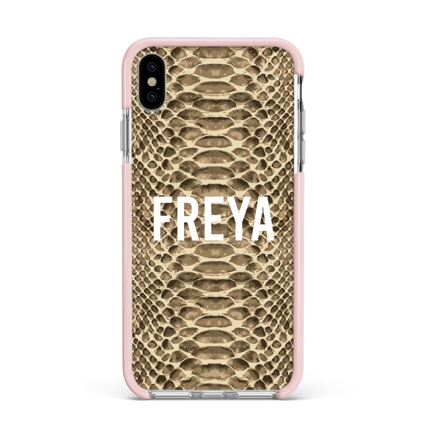 Personalised Tan Snakeskin Apple iPhone Xs Max Impact Case Pink Edge on Silver Phone