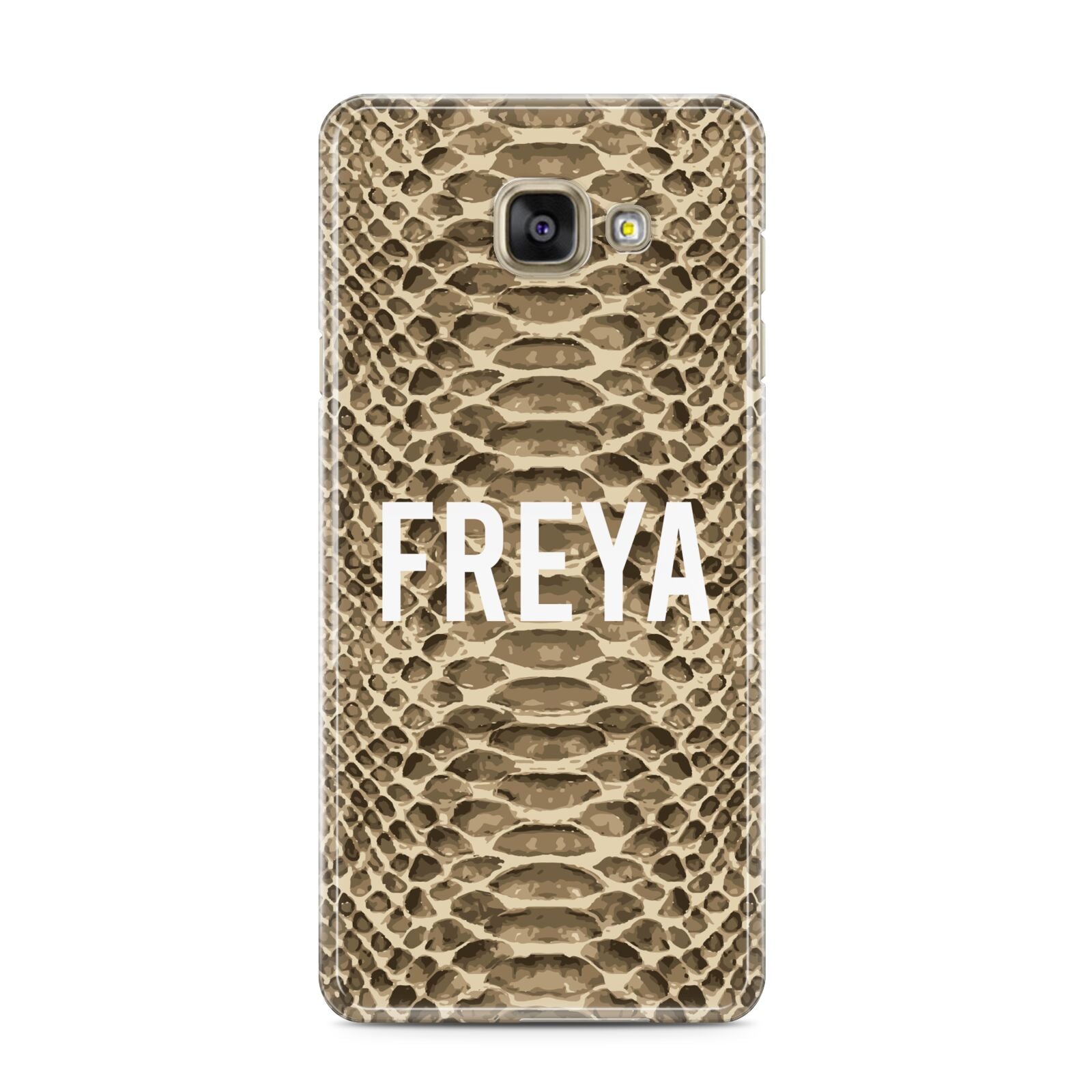 Personalised Tan Snakeskin Samsung Galaxy A3 2016 Case on gold phone