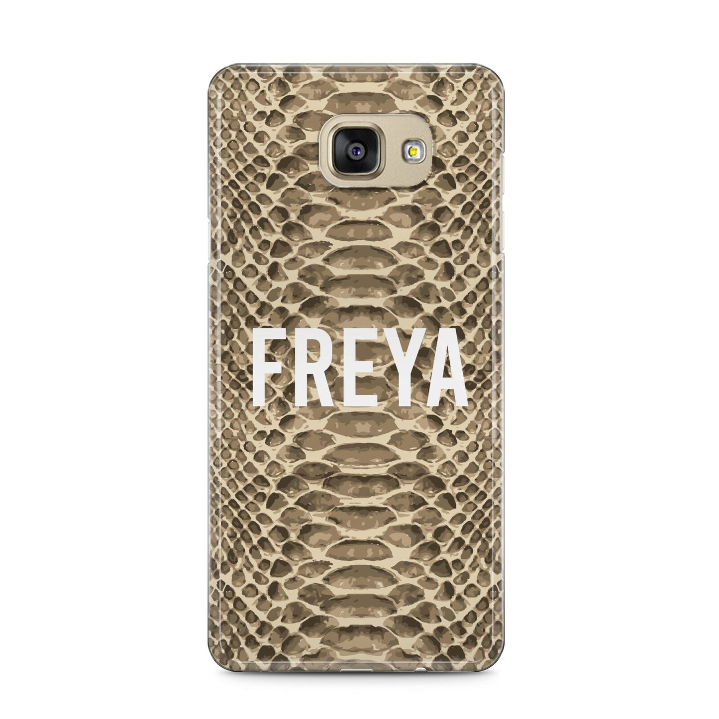 Personalised Tan Snakeskin Samsung Galaxy A5 2016 Case on gold phone