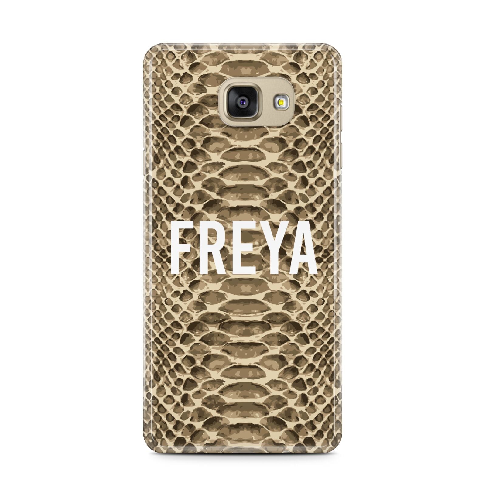 Personalised Tan Snakeskin Samsung Galaxy A7 2016 Case on gold phone