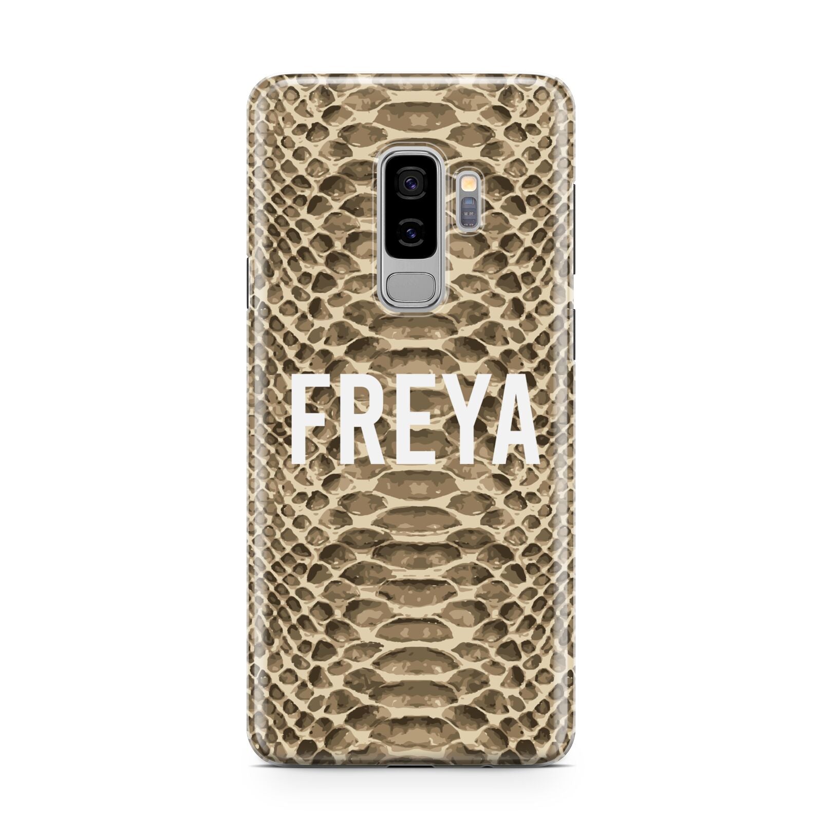 Personalised Tan Snakeskin Samsung Galaxy S9 Plus Case on Silver phone