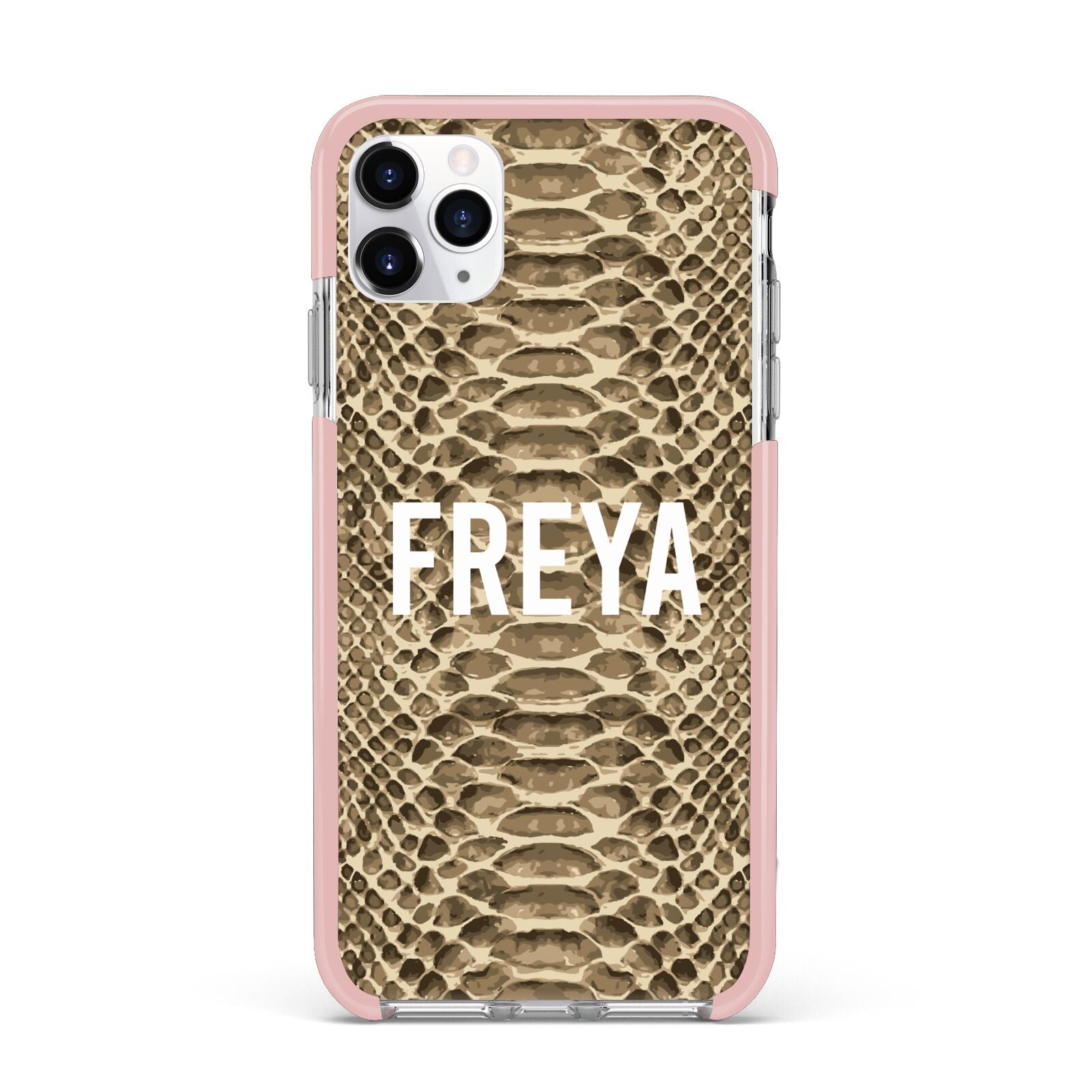 Personalised Tan Snakeskin iPhone 11 Pro Max Impact Pink Edge Case