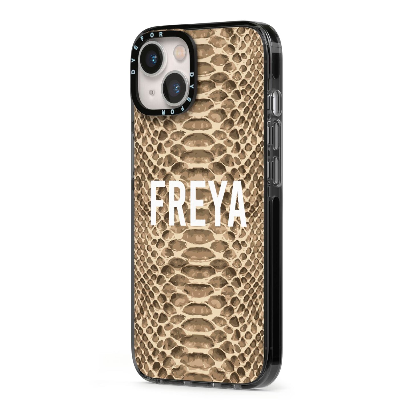 Personalised Tan Snakeskin iPhone 13 Black Impact Case Side Angle on Silver phone