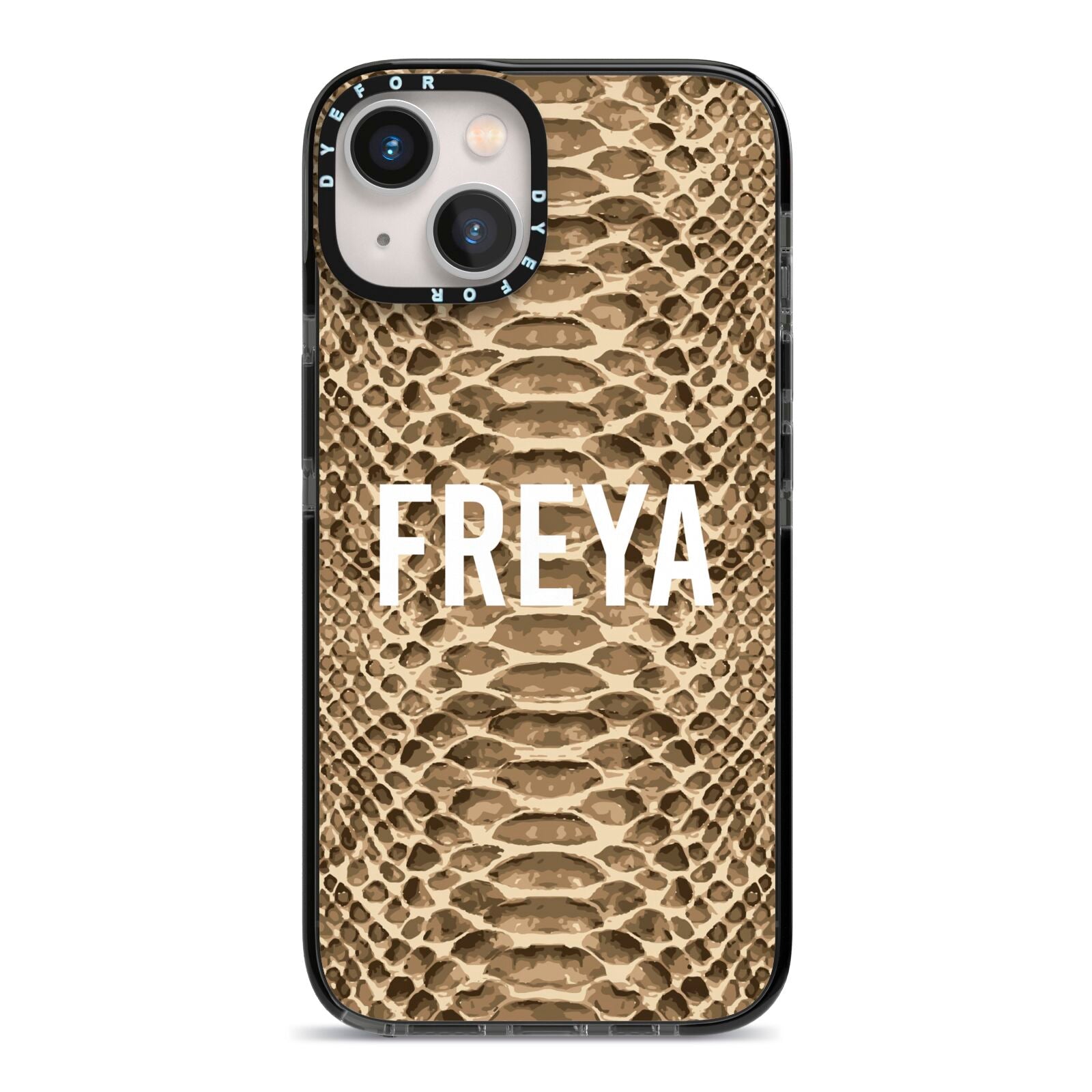 Personalised Tan Snakeskin iPhone 13 Black Impact Case on Silver phone