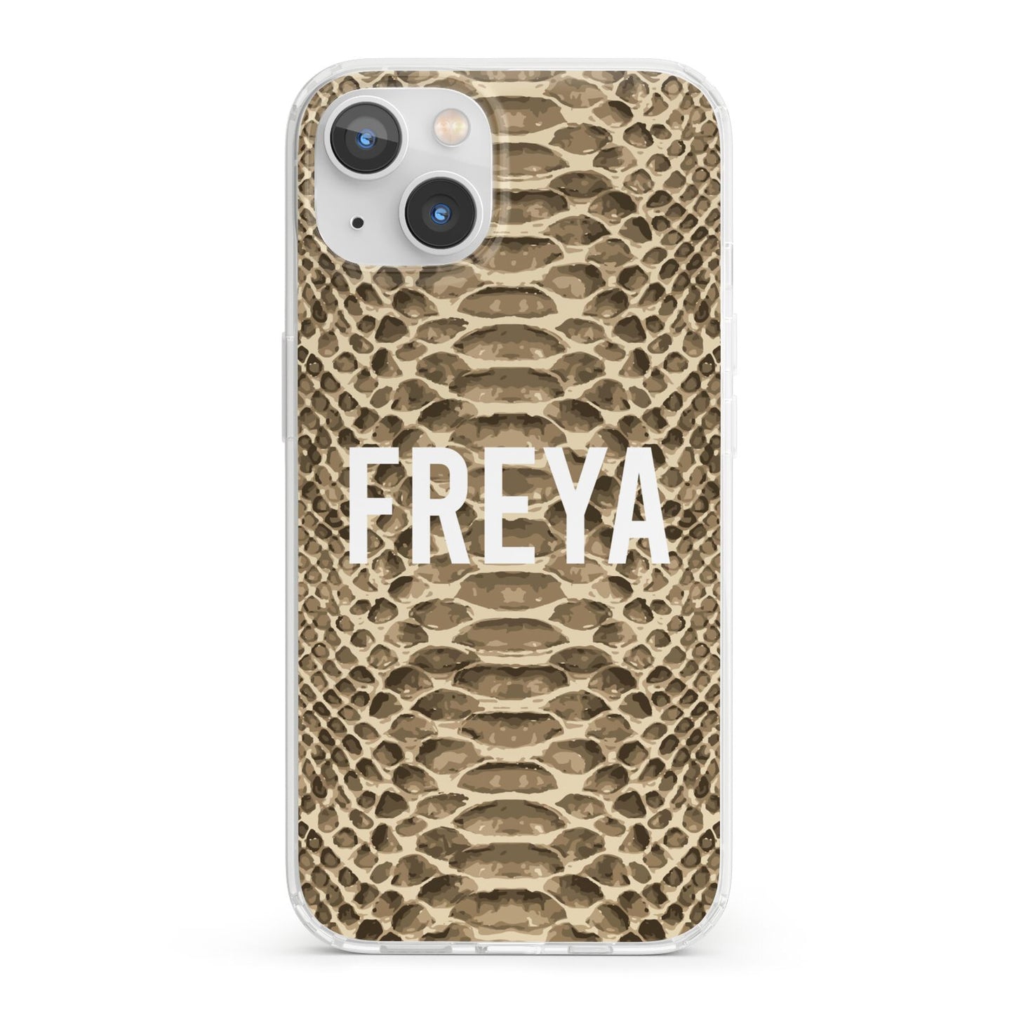 Personalised Tan Snakeskin iPhone 13 Clear Bumper Case