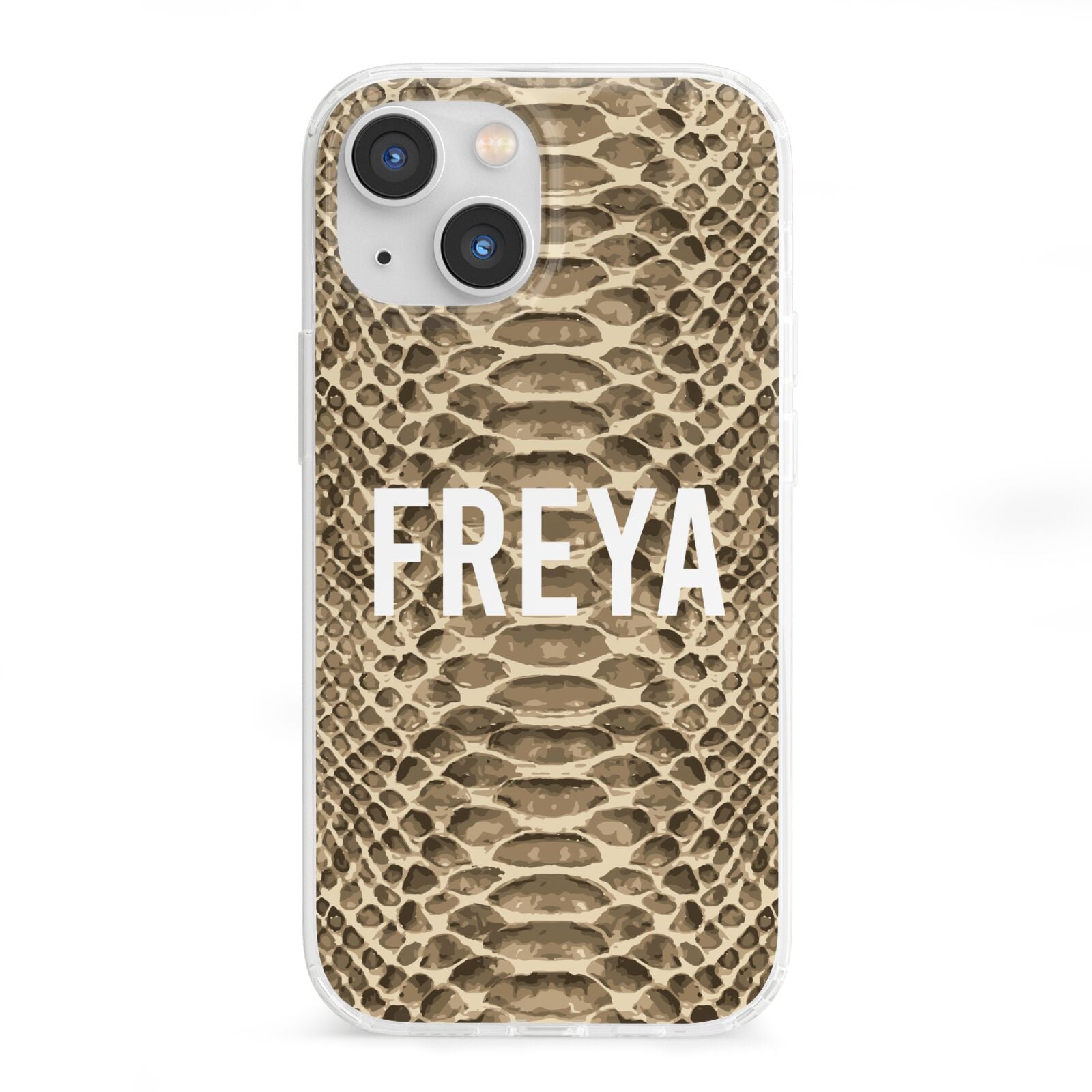 Personalised Tan Snakeskin iPhone 13 Mini Clear Bumper Case