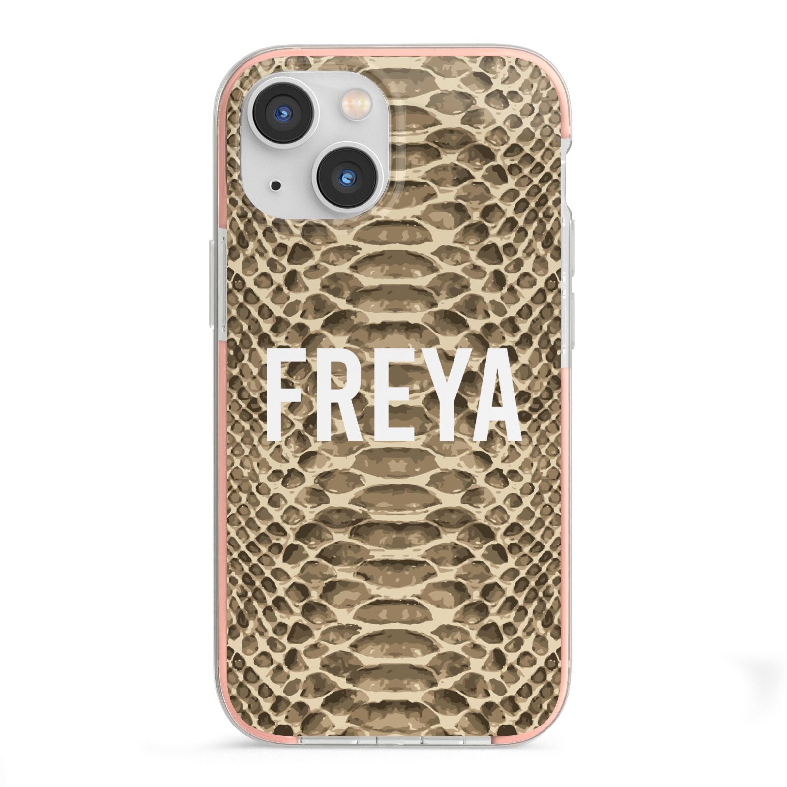 Personalised Tan Snakeskin iPhone 13 Mini TPU Impact Case with Pink Edges