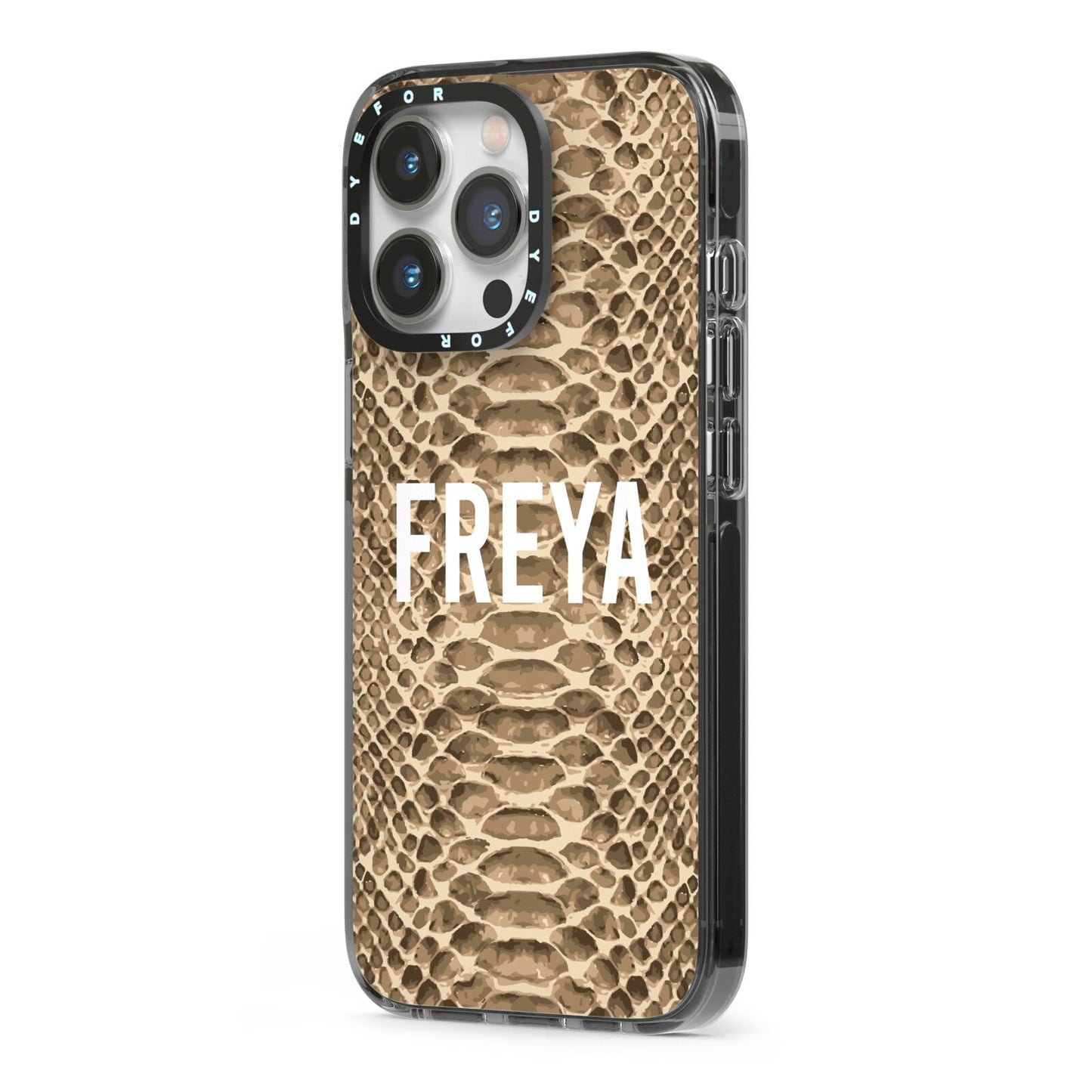 Personalised Tan Snakeskin iPhone 13 Pro Black Impact Case Side Angle on Silver phone