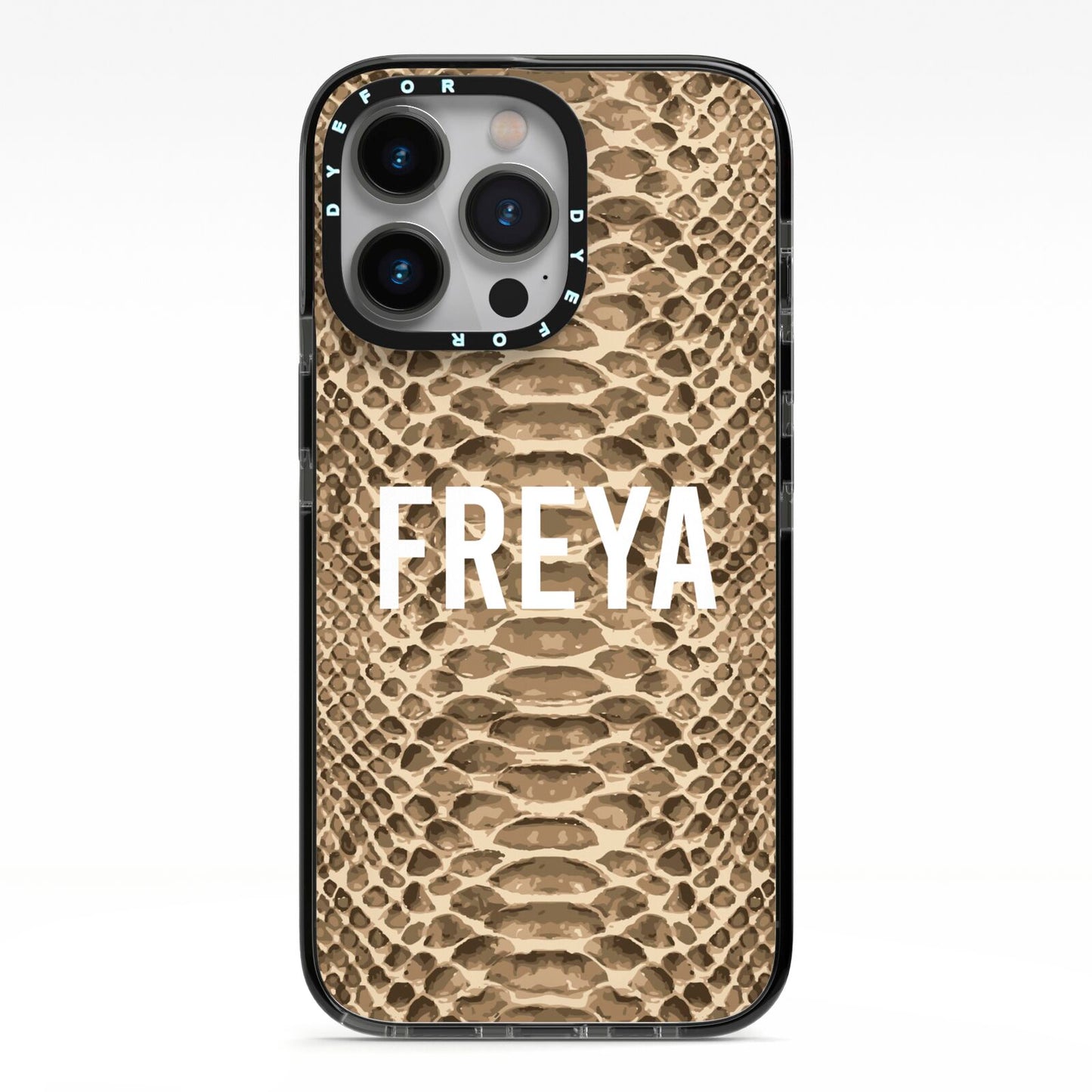 Personalised Tan Snakeskin iPhone 13 Pro Black Impact Case on Silver phone