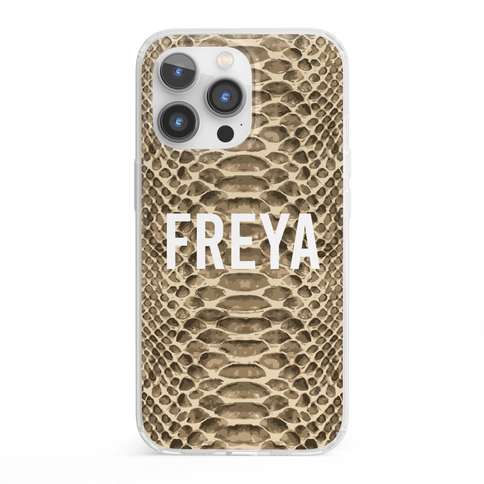 Personalised Tan Snakeskin iPhone 13 Pro Clear Bumper Case