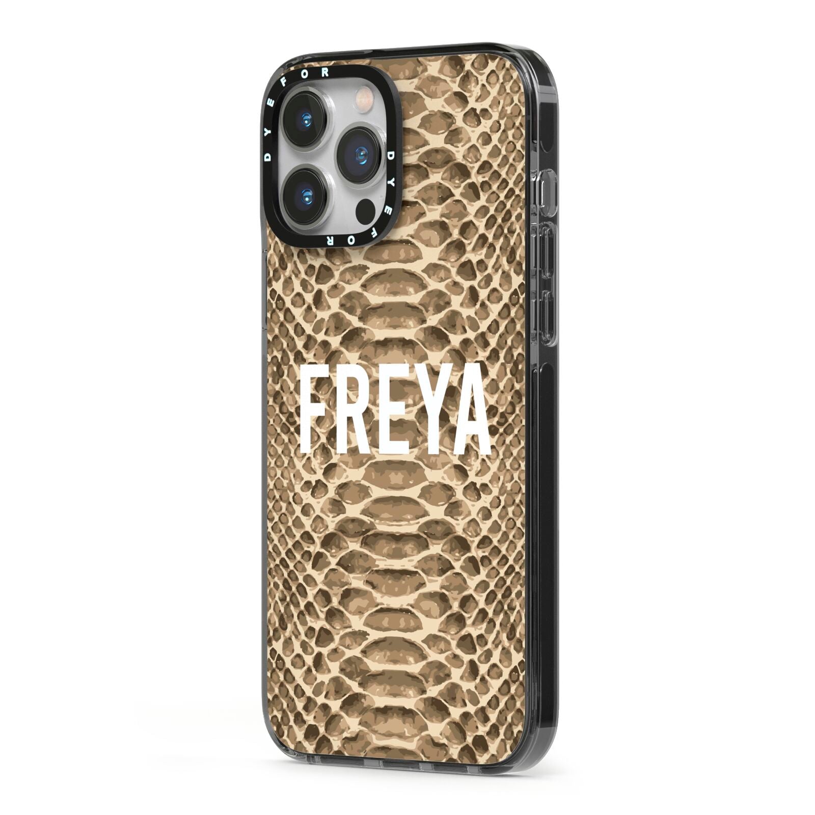 Personalised Tan Snakeskin iPhone 13 Pro Max Black Impact Case Side Angle on Silver phone