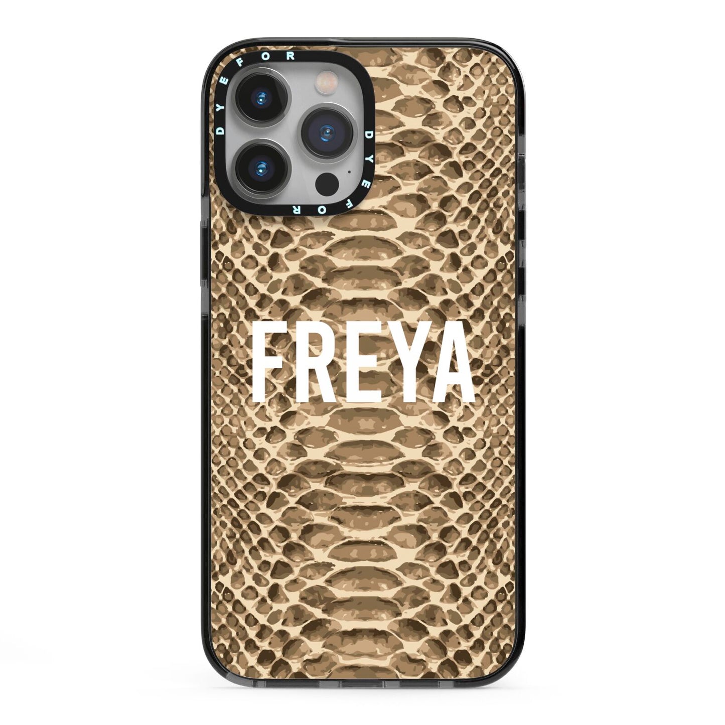 Personalised Tan Snakeskin iPhone 13 Pro Max Black Impact Case on Silver phone