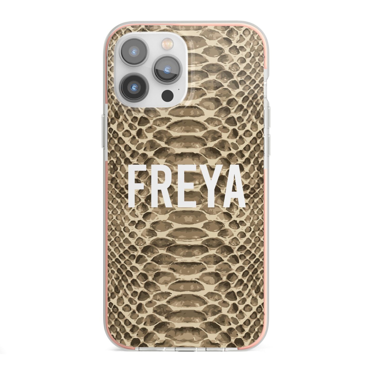 Personalised Tan Snakeskin iPhone 13 Pro Max TPU Impact Case with Pink Edges