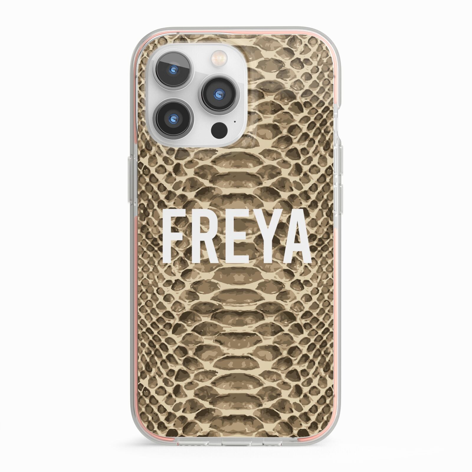 Personalised Tan Snakeskin iPhone 13 Pro TPU Impact Case with Pink Edges