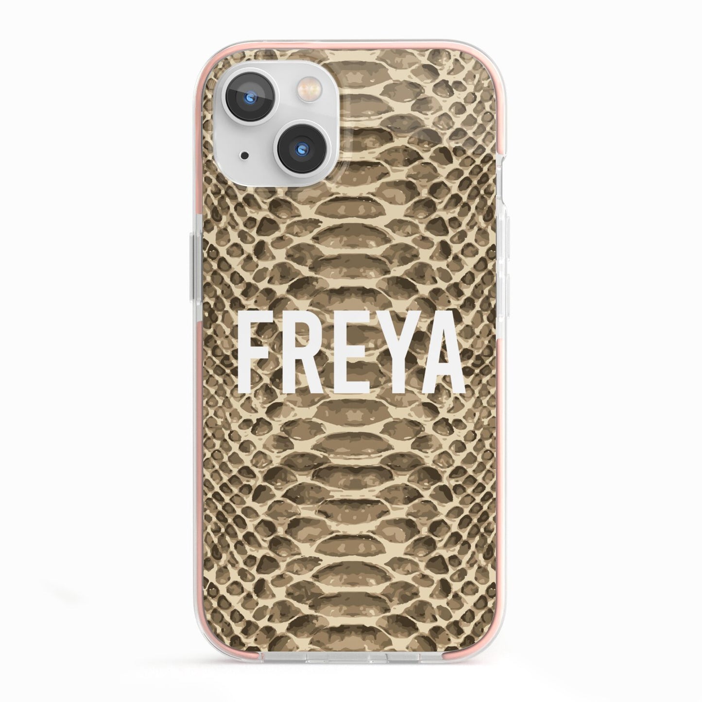 Personalised Tan Snakeskin iPhone 13 TPU Impact Case with Pink Edges