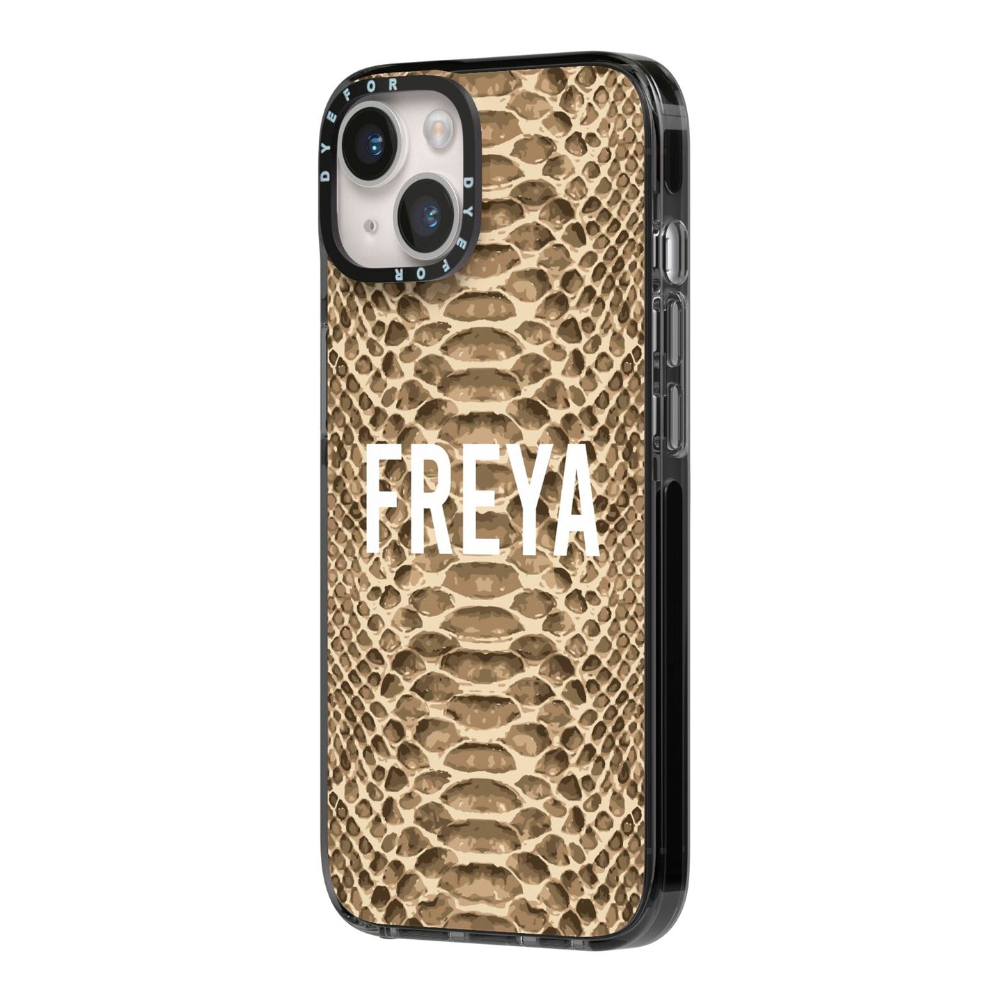 Personalised Tan Snakeskin iPhone 14 Black Impact Case Side Angle on Silver phone